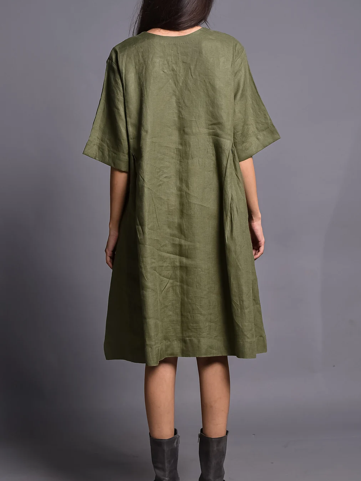 Cotton And Linen V Neck Plain Short Sleeve Mini Dress