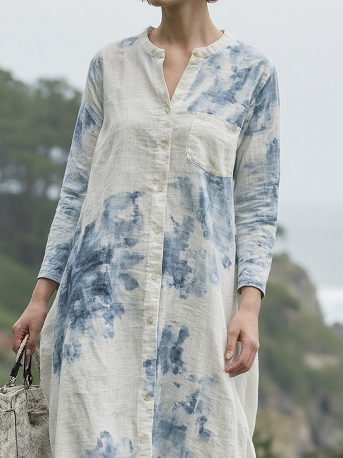Linen Stand Collar Floral Three Quarter Sleeve Midi Dress