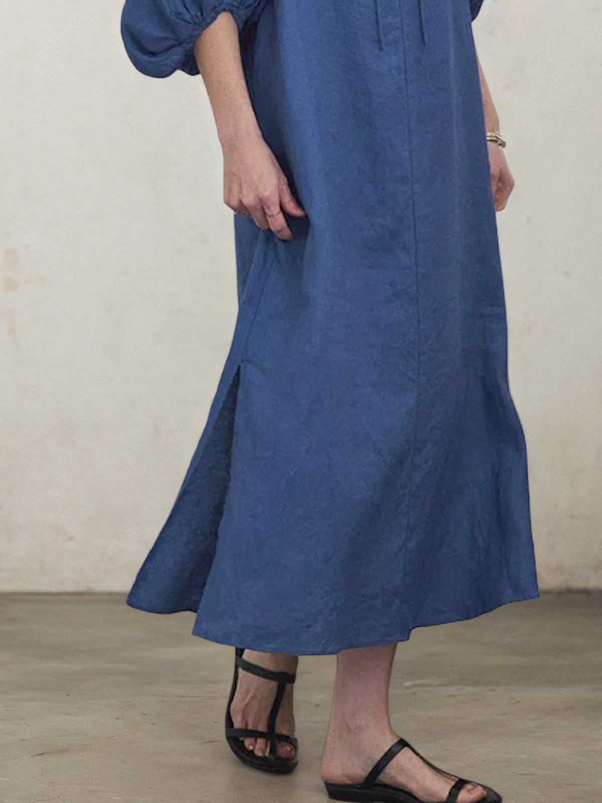 Linen Stand Collar Plain Short Sleeve Maxi Dress