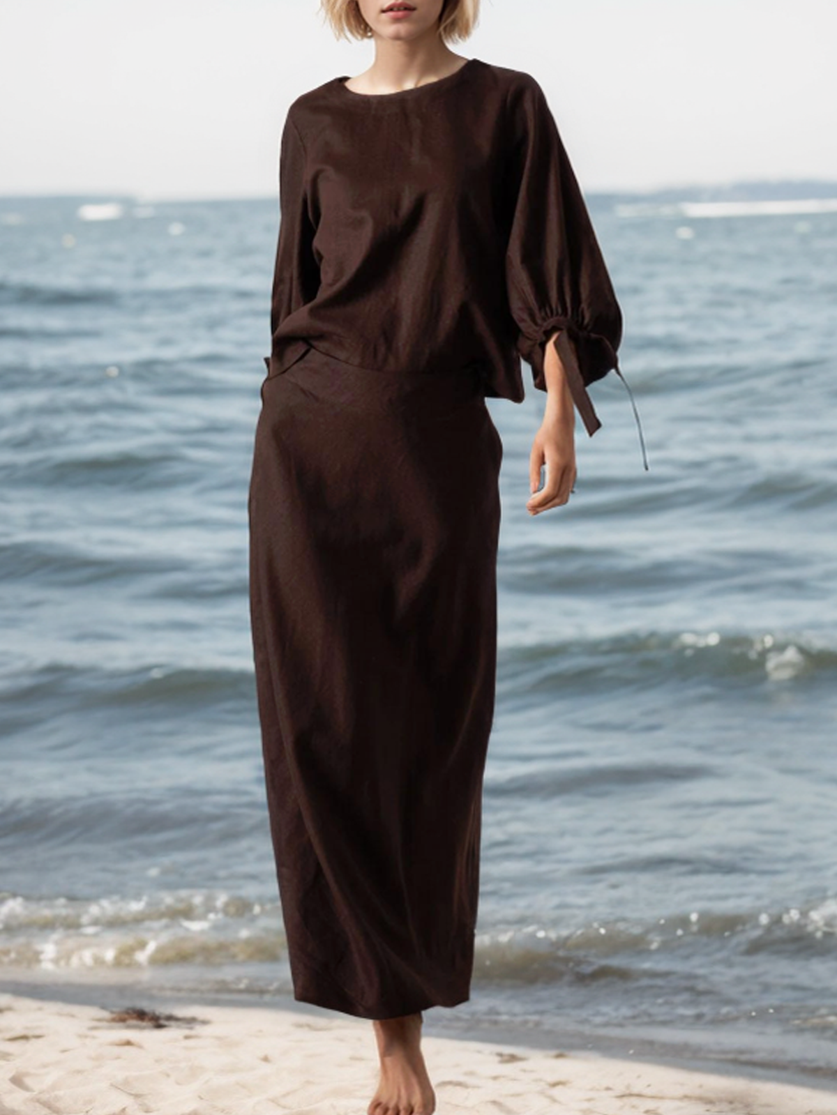 Linen Crew Neck Plain Long Sleeve Blouse