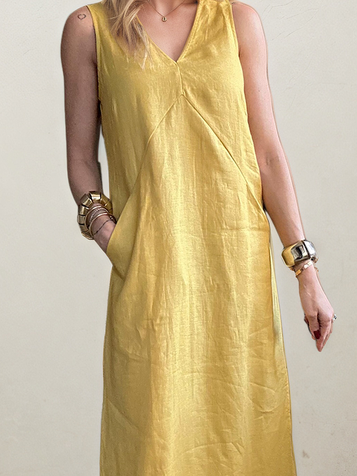 Linen V Neck Plain Sleeveless Maxi Dress