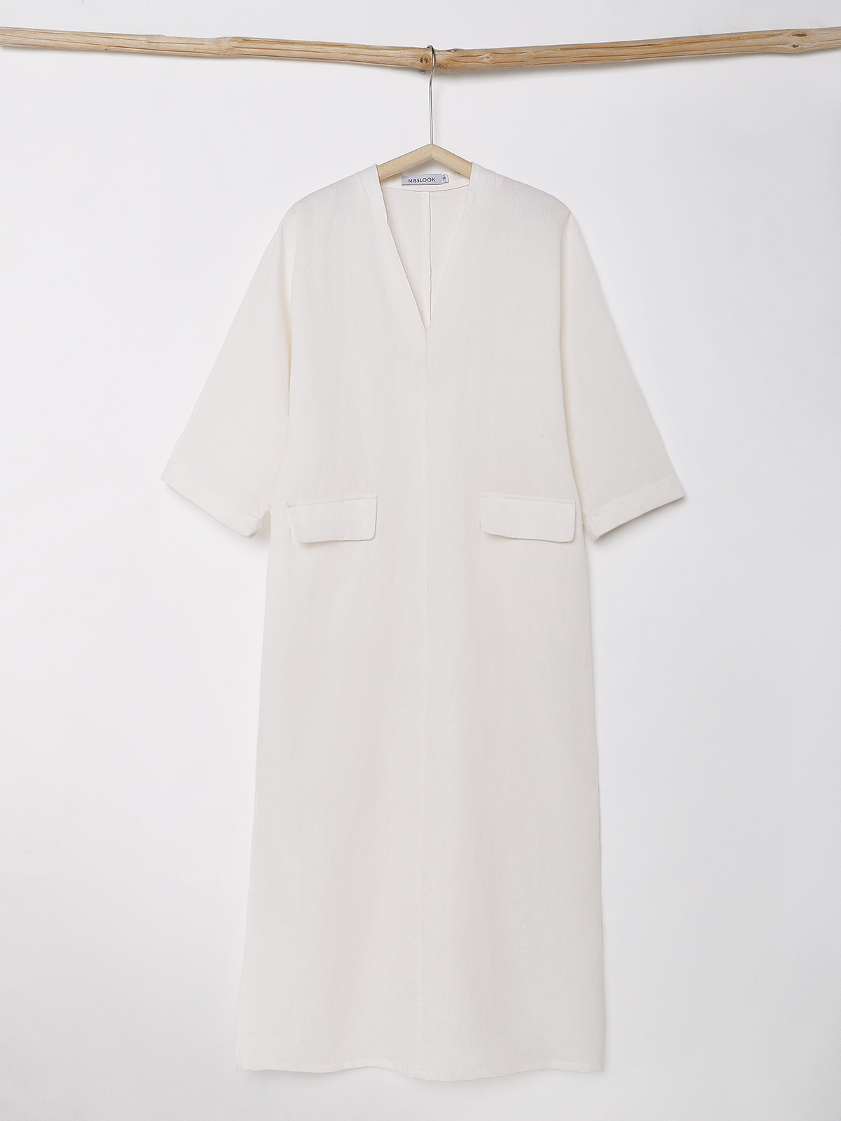 Cotton And Linen V Neck Slit Long Sleeve Maxi Dress