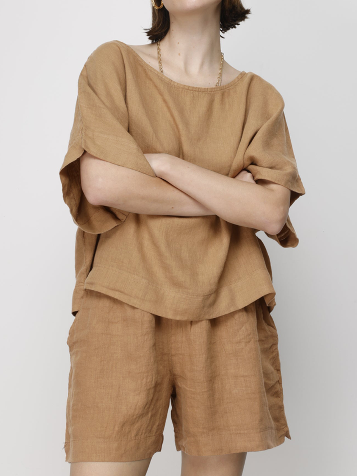 Cotton And Linen Crew Neck Plain Half Sleeve Top With Pants Two-piece Set Cotton And Linen Crew Neck Plain Half Sleeve Top With Pants Two-piece Set