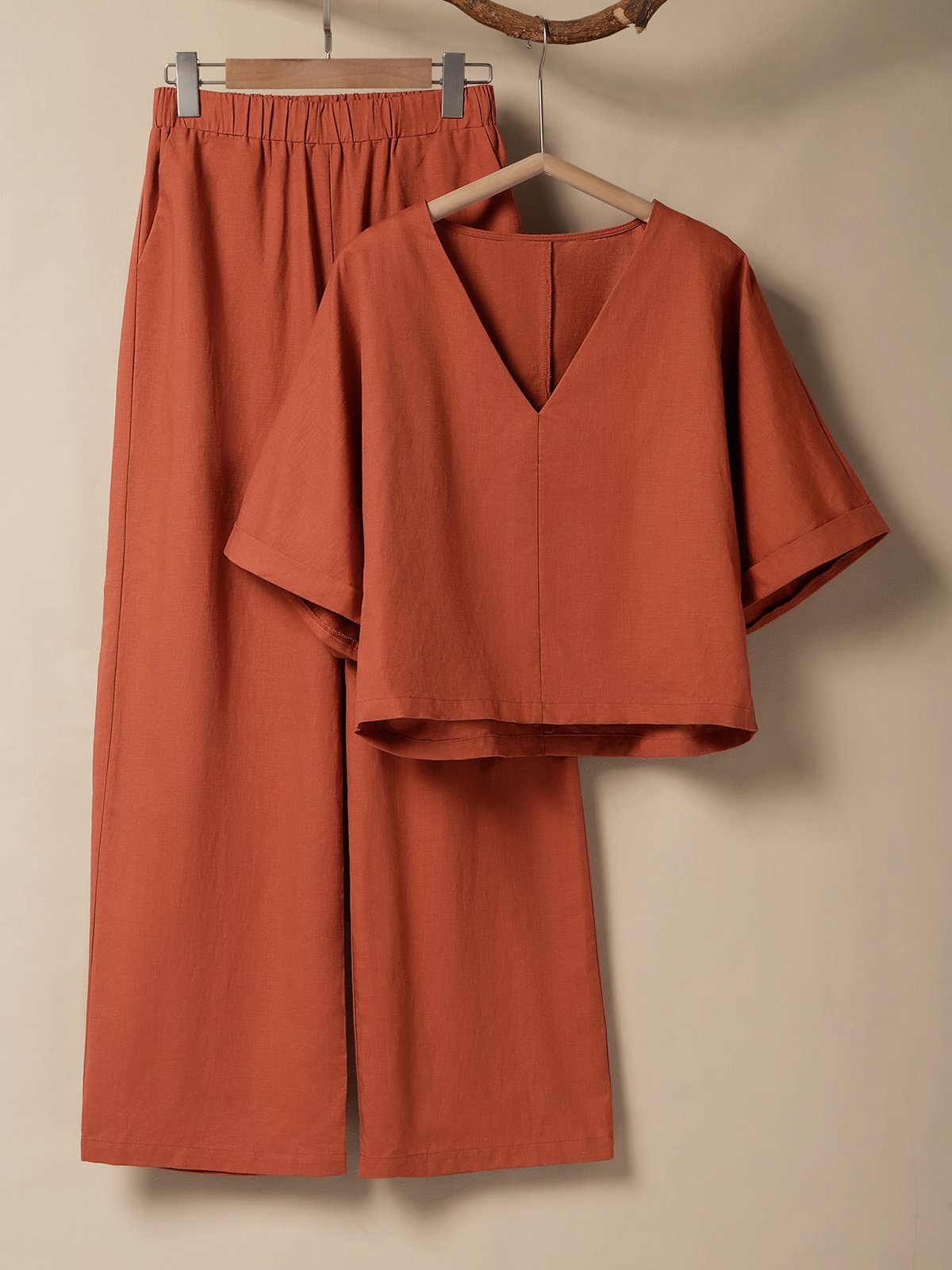 Cotton And Linen Crew Neck Plain Short Sleeve Top With Pants Two-piece Set Cotton And Linen Crew Neck Plain Short Sleeve Top With Pants Two-piece Set