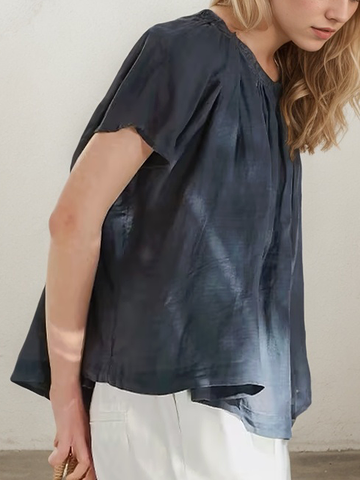 Linen Crew Neck Plain Short Sleeve Blouse