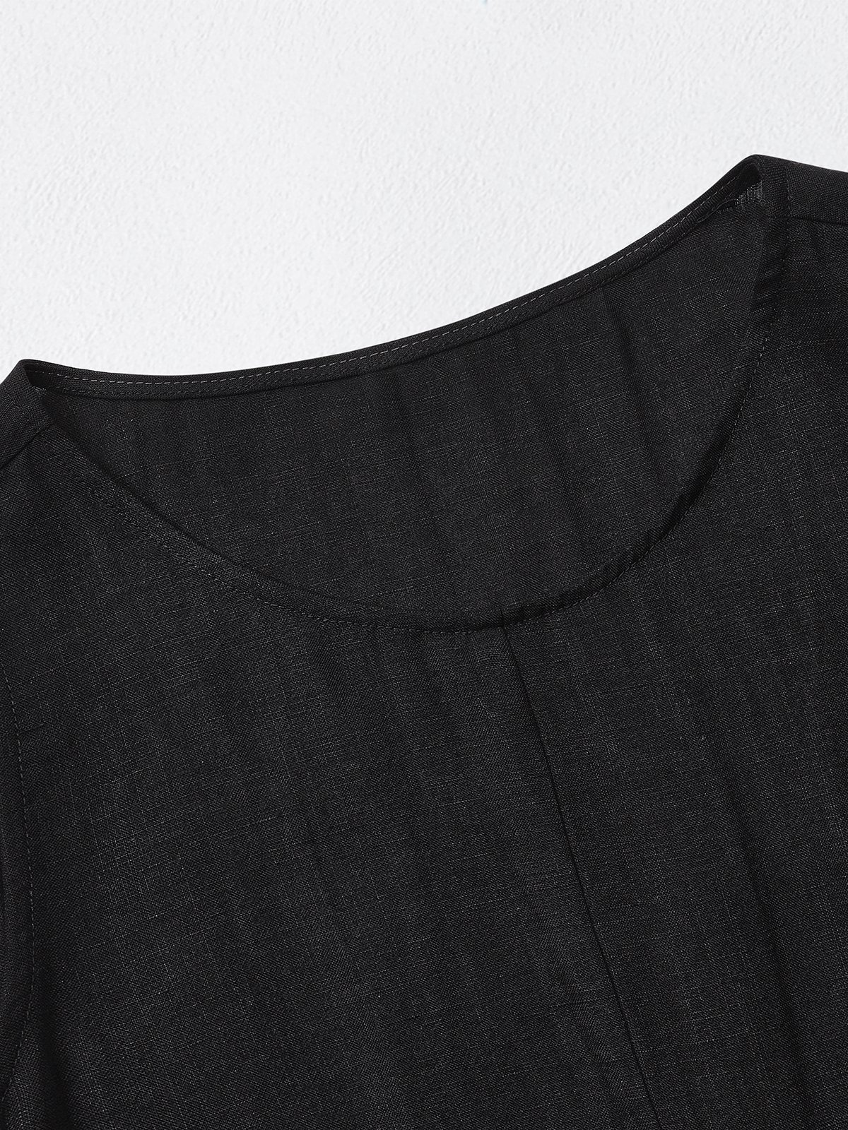 Cotton And Linen Crew Neck Plain Sleeveless Mini Dress