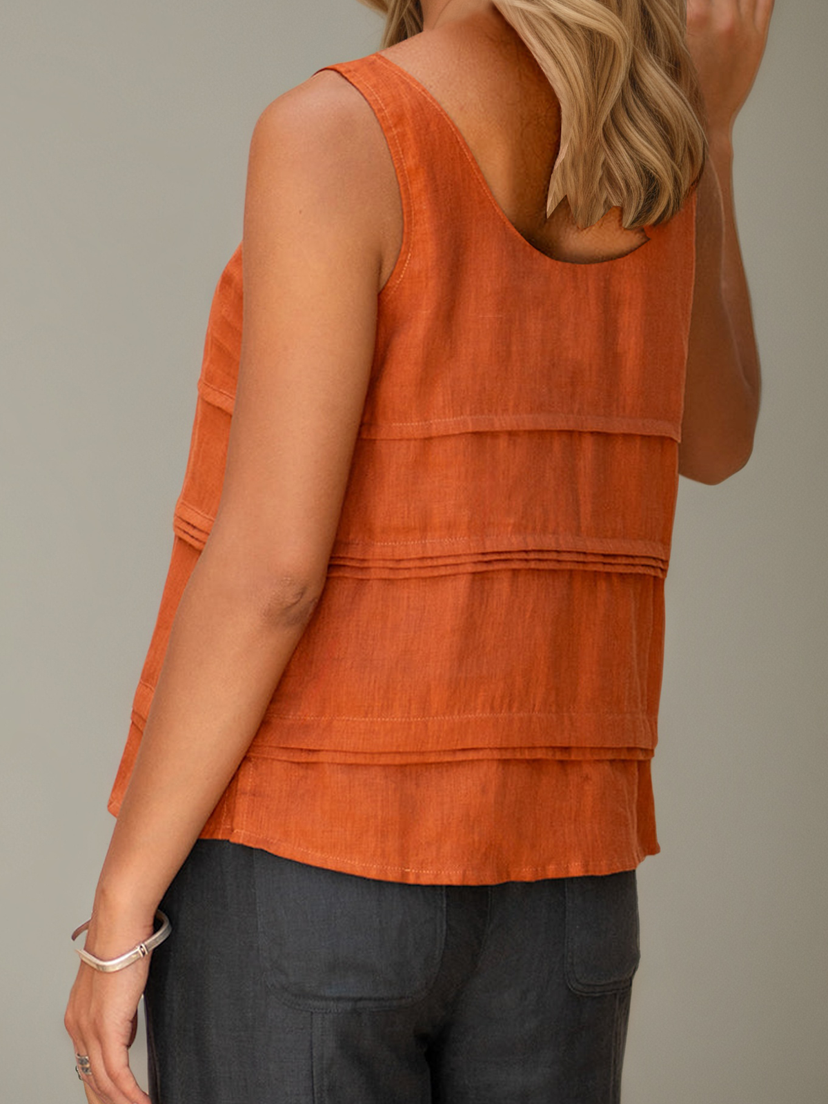 Linen Crew Neck Plain Sleeveless Tank Top