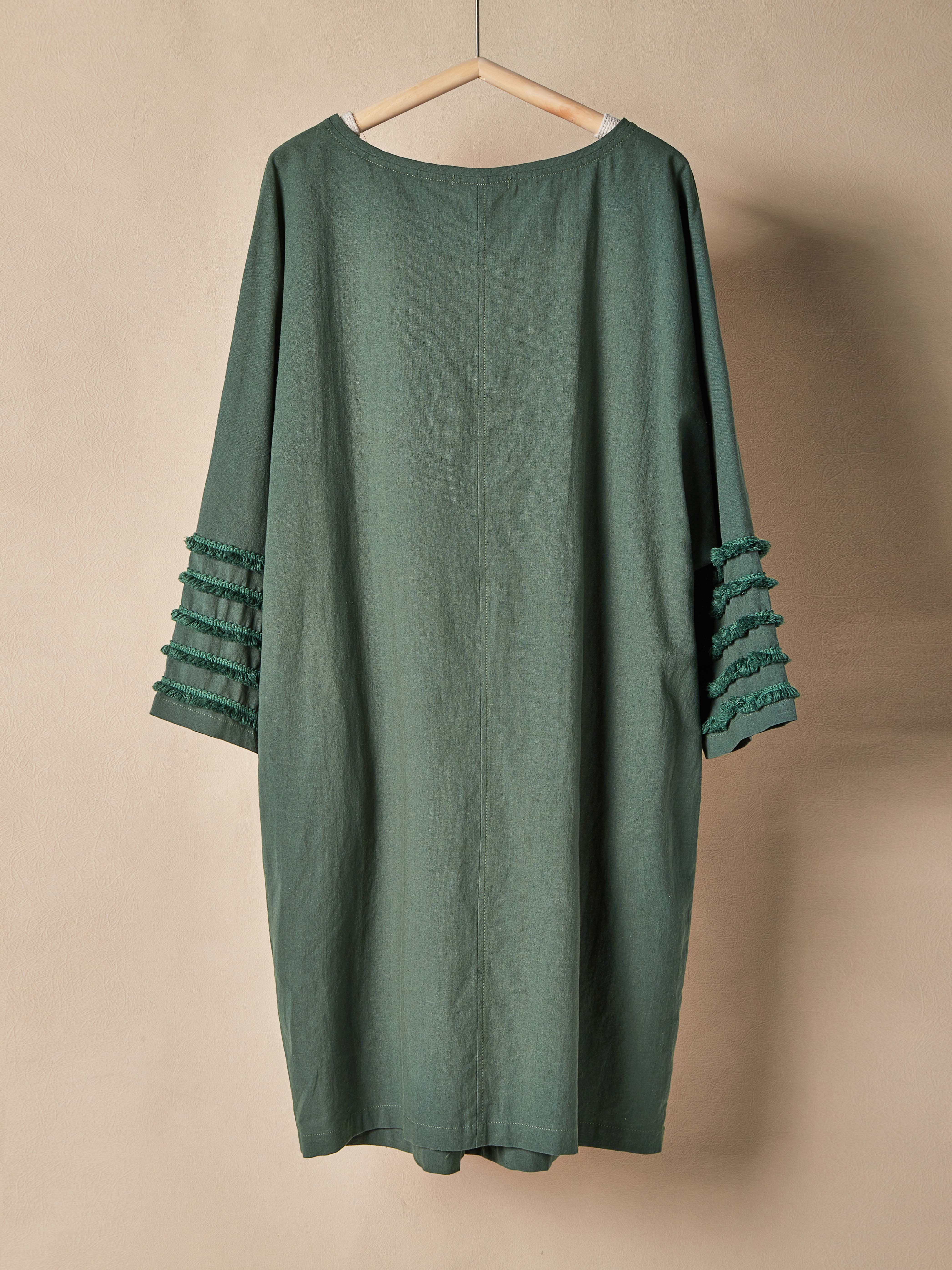 Cotton And Linen Crew Neck Plain Three-quarter Sleeve Dress