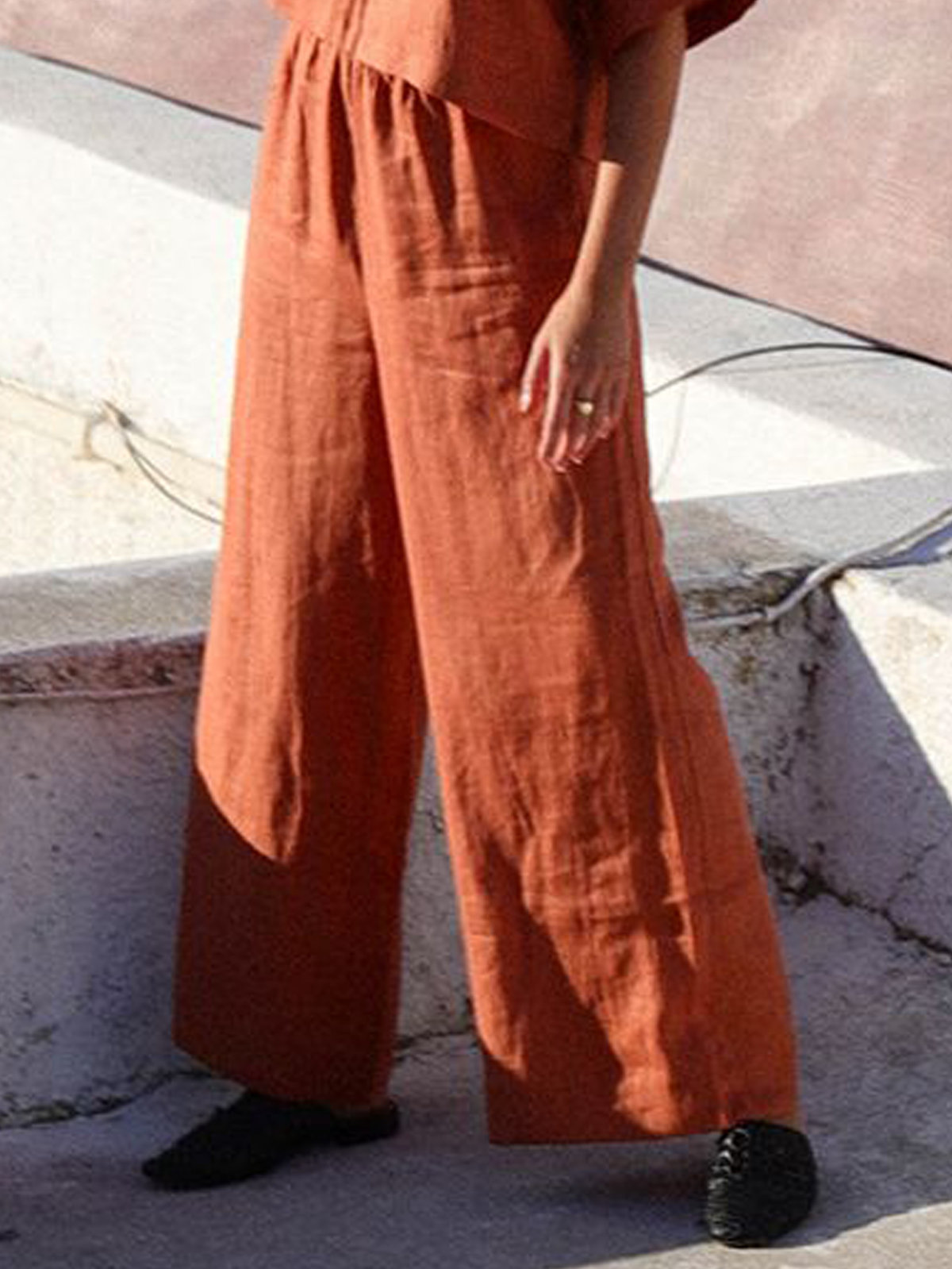 Cotton And Linen Crew Neck Plain Short Sleeve Top With Pants Two-piece Set Cotton And Linen Crew Neck Plain Short Sleeve Top With Pants Two-piece Set