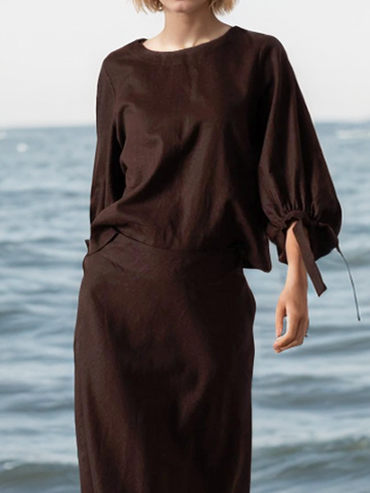 Linen Crew Neck Plain Long Sleeve Blouse