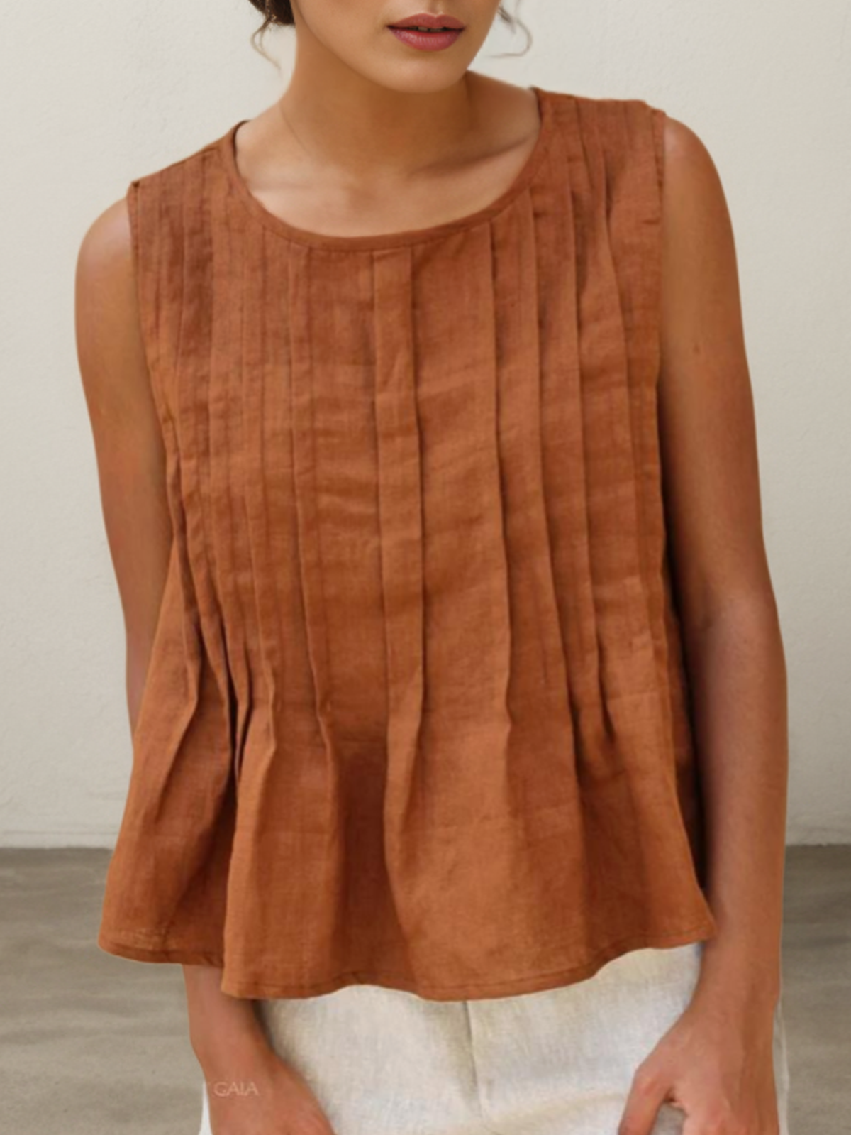 Cotton And Linen Crew Neck Plain Sleeveless Tank Top