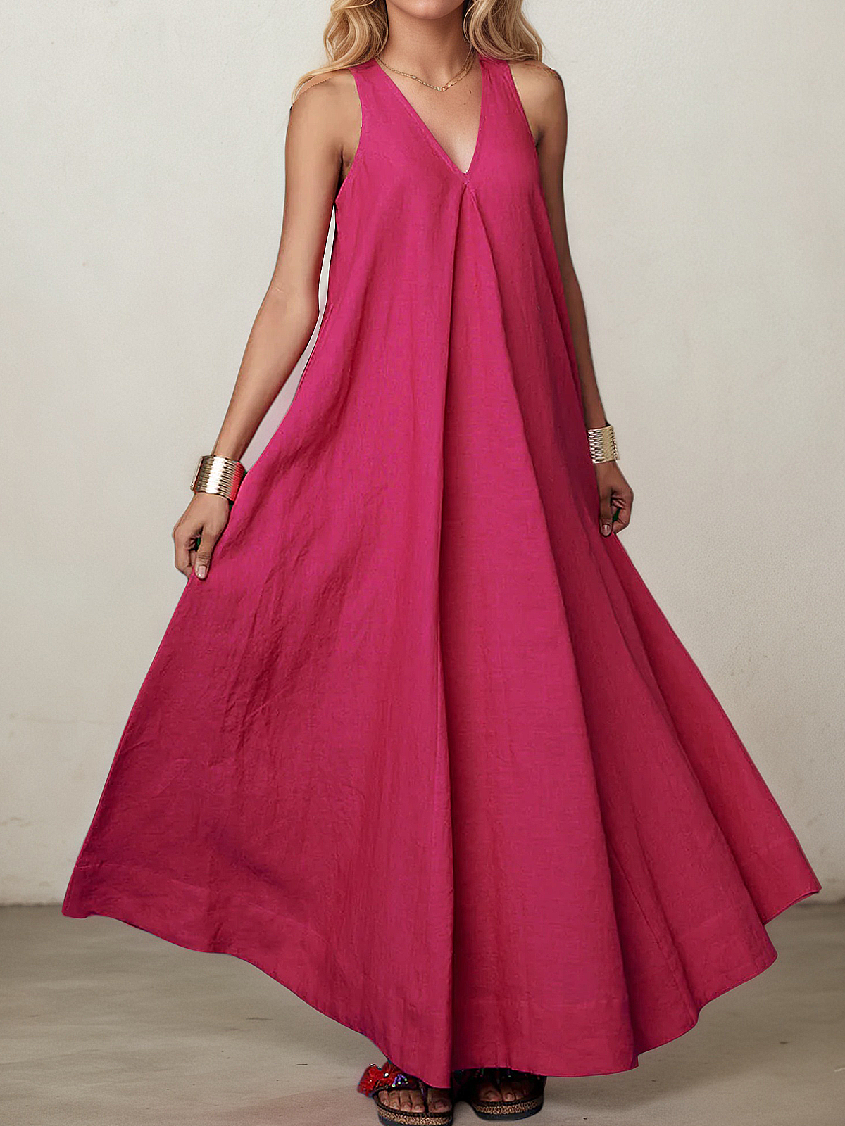 Linen V Neck Plain Sleeveless Maxi Dress