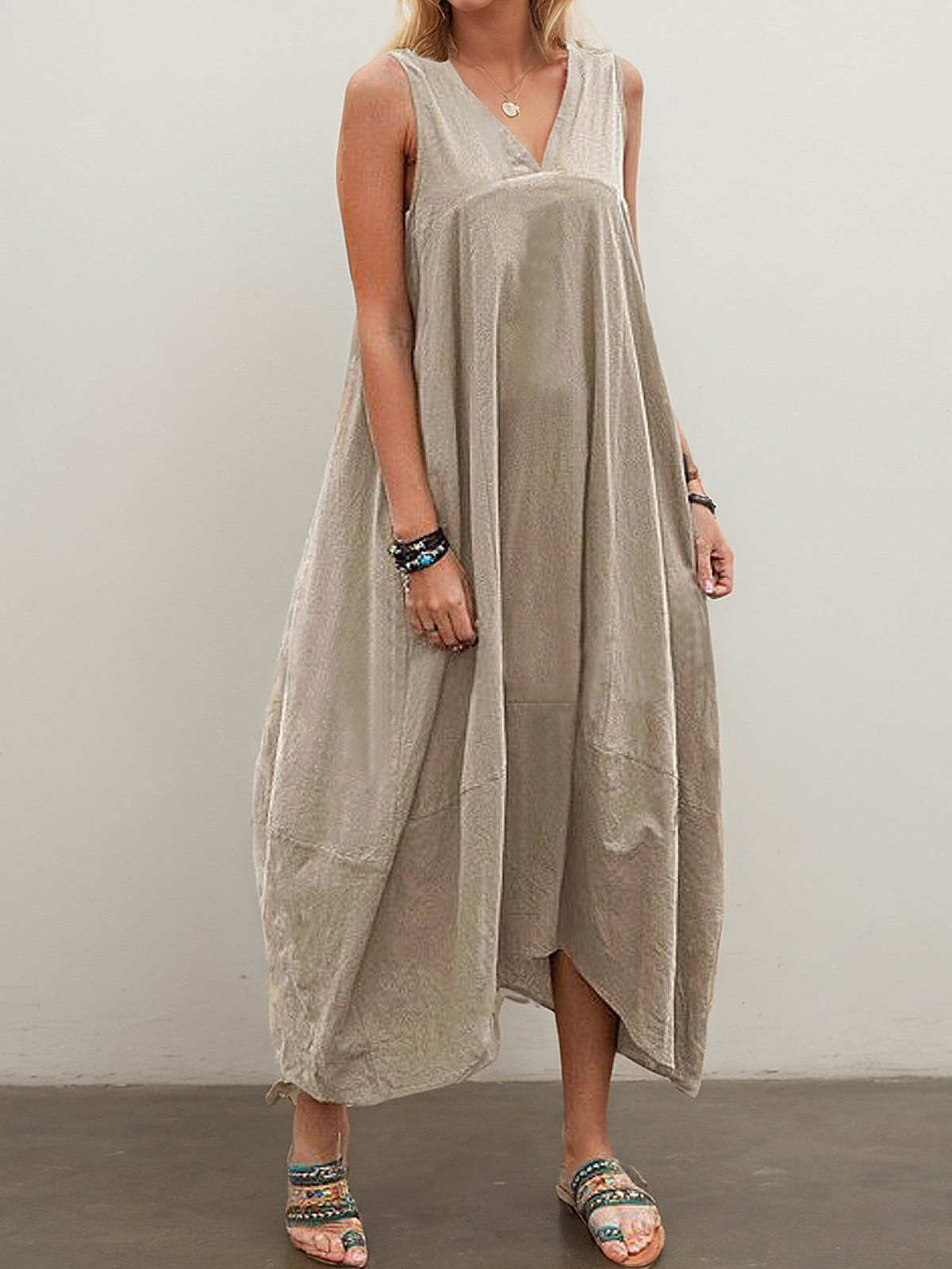 Linen V Neck Plain Sleeveless Maxi Dress