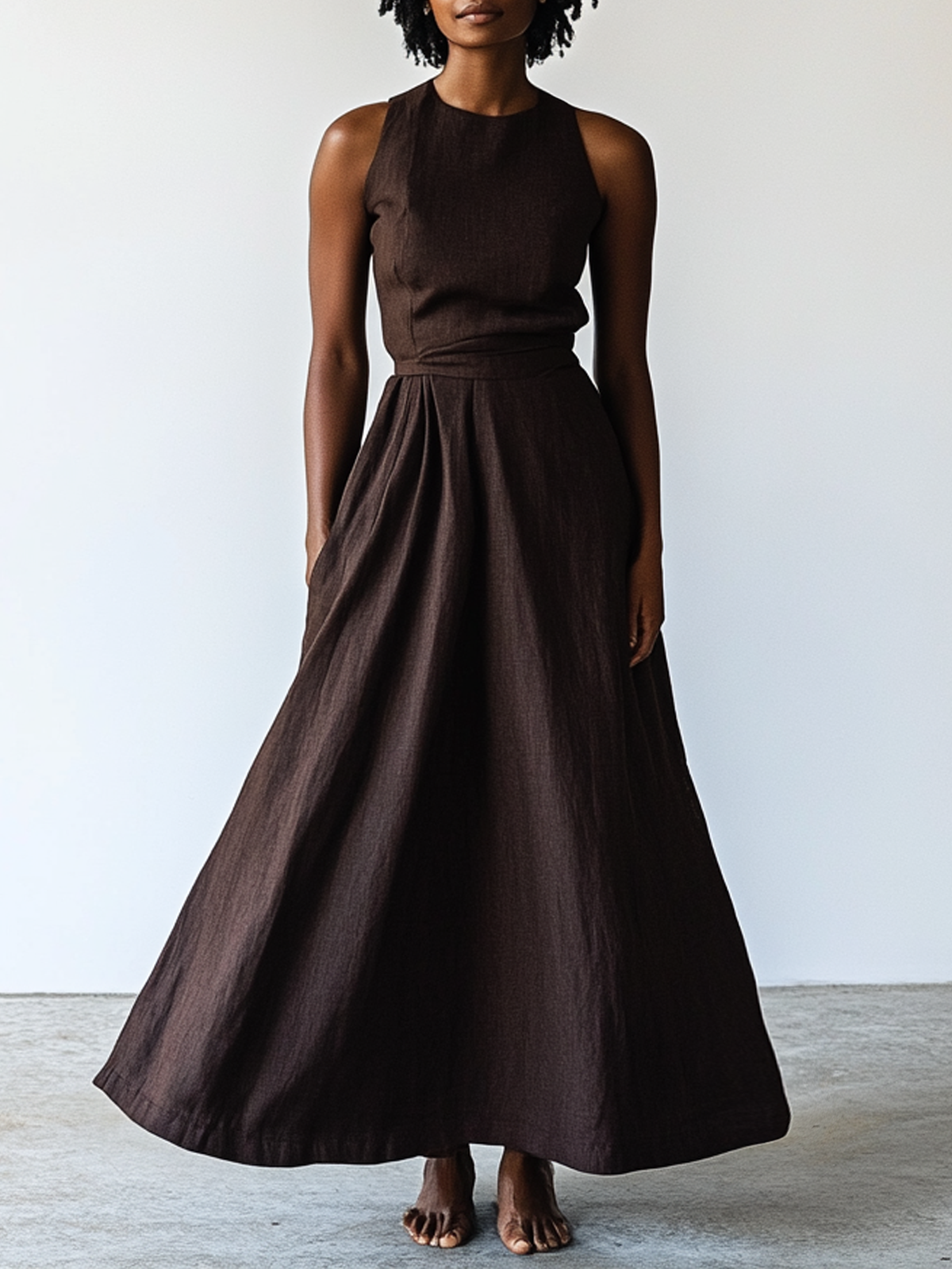 Cotton And Linen Crew Neck Plain Sleeveless Maxi Dress