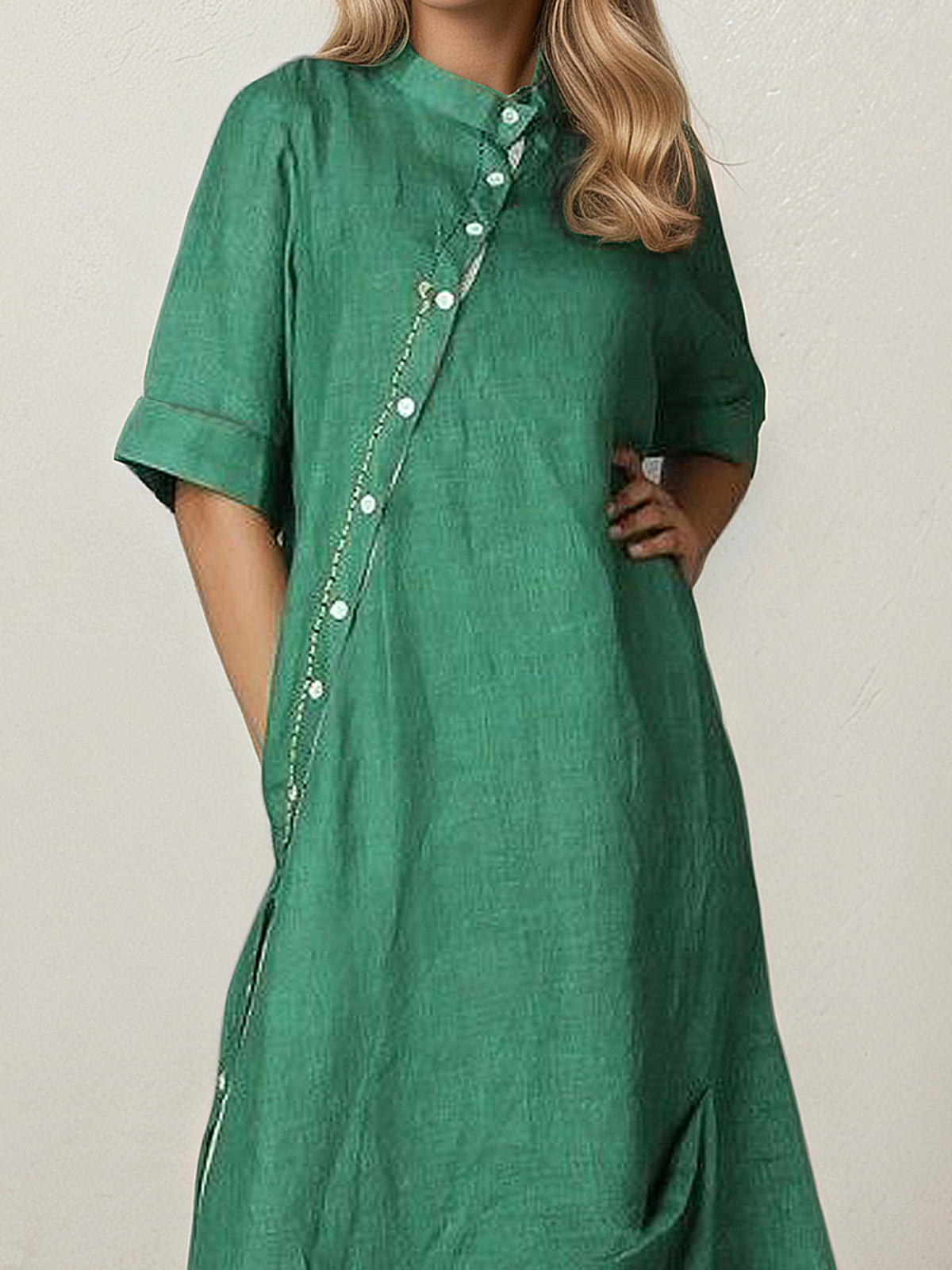 Linen Stand Collar Plain Half Sleeve Maxi Dress