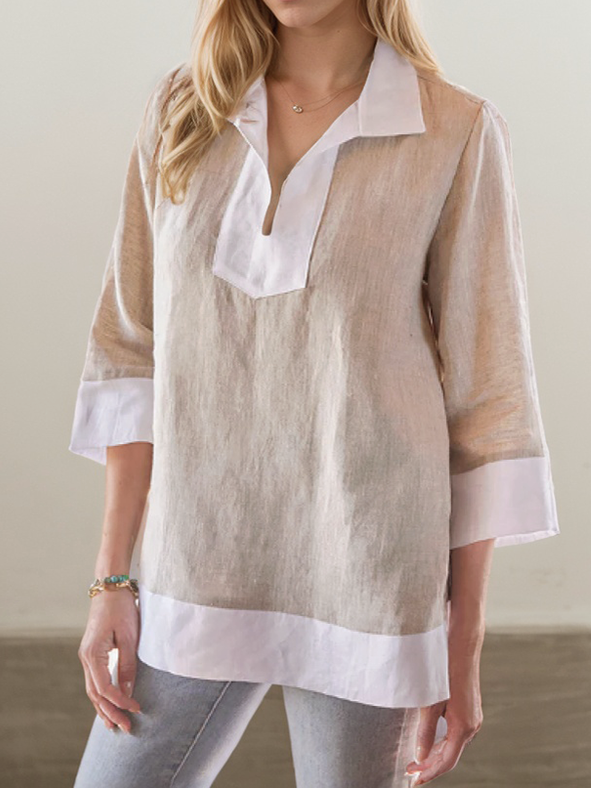Linen Shirt Collar Color Block Three Quarter Sleeve Blouse