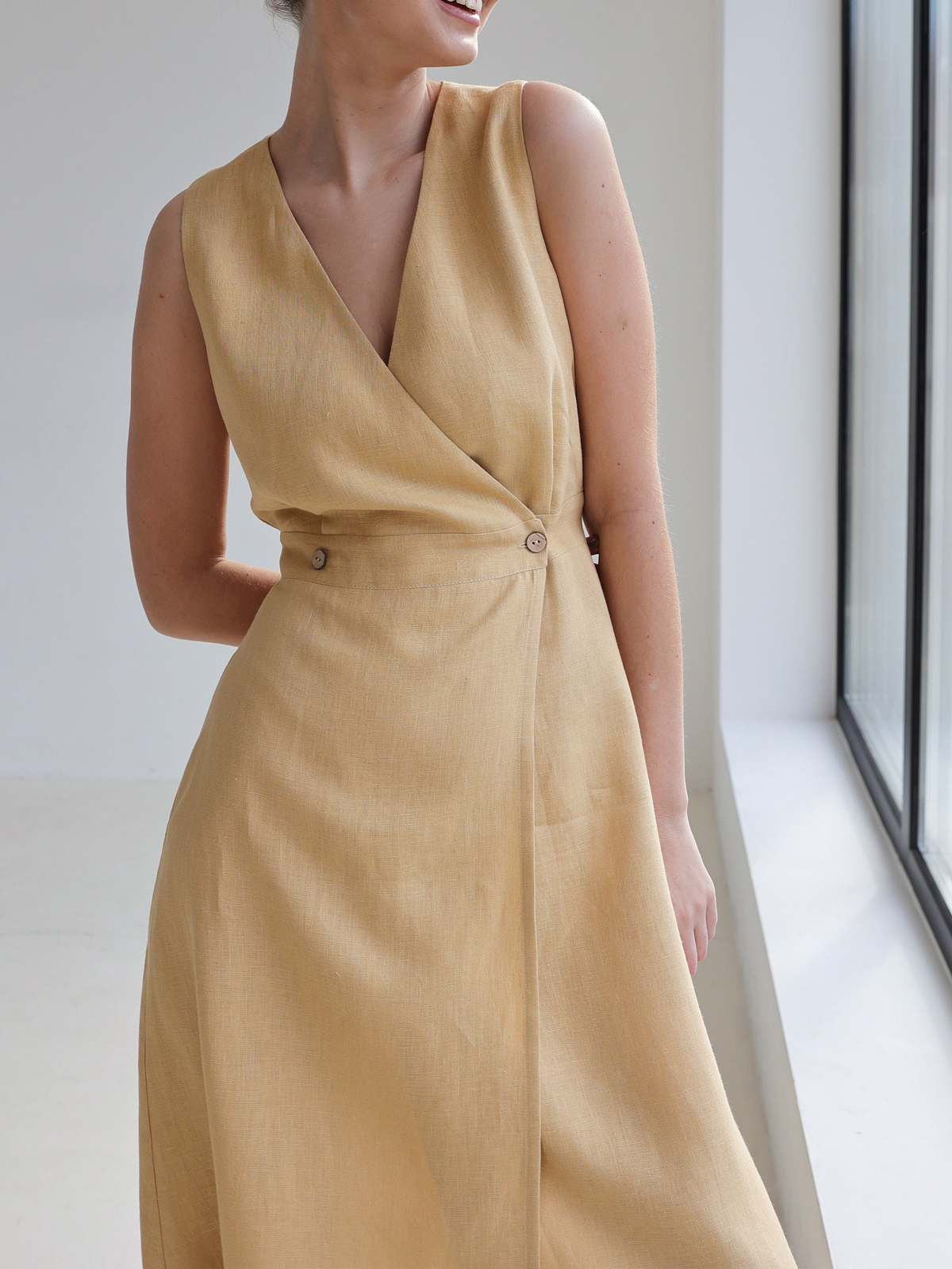 Cotton And Linen V Neck Plain Sleeveless Maxi Dress