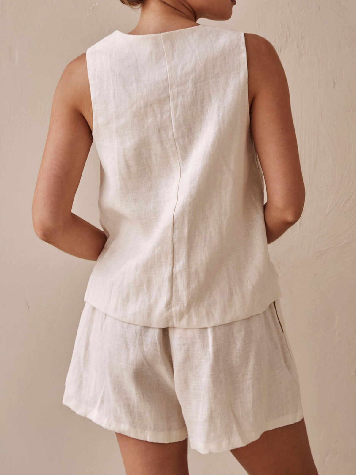 Cotton And Linen V Neck Plain Button Design Sleeveless Two-piece Set Cotton And Linen V Neck Plain Button Design Sleeveless Two-piece Set