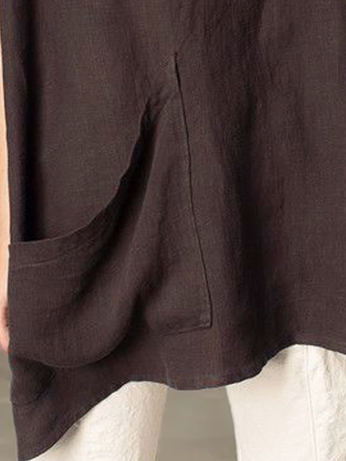 Cotton And Linen Crew Neck Plain Short Sleeve Blouse