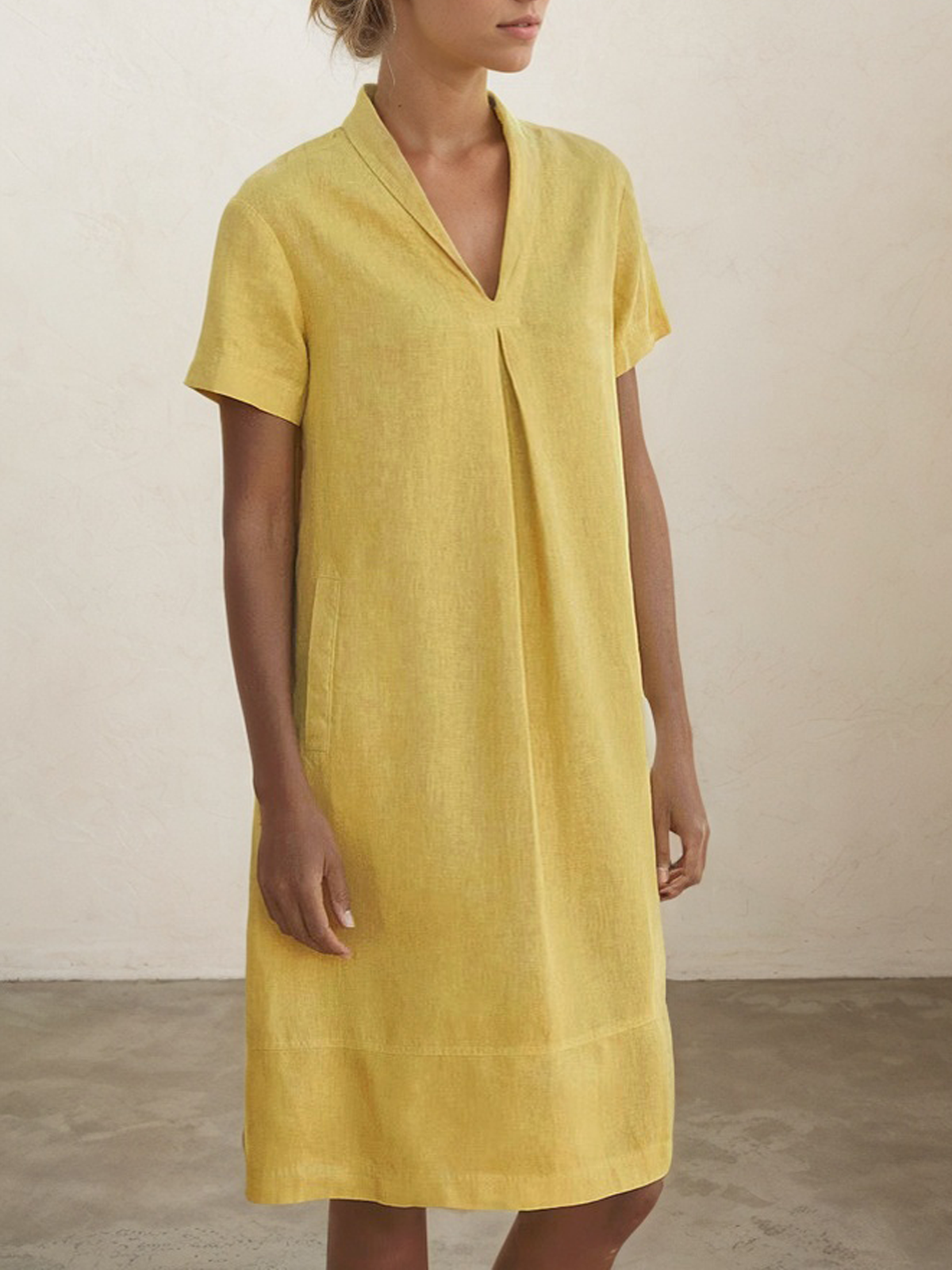 Linen Shawl Collar Plain Short Sleeve Mini Dress