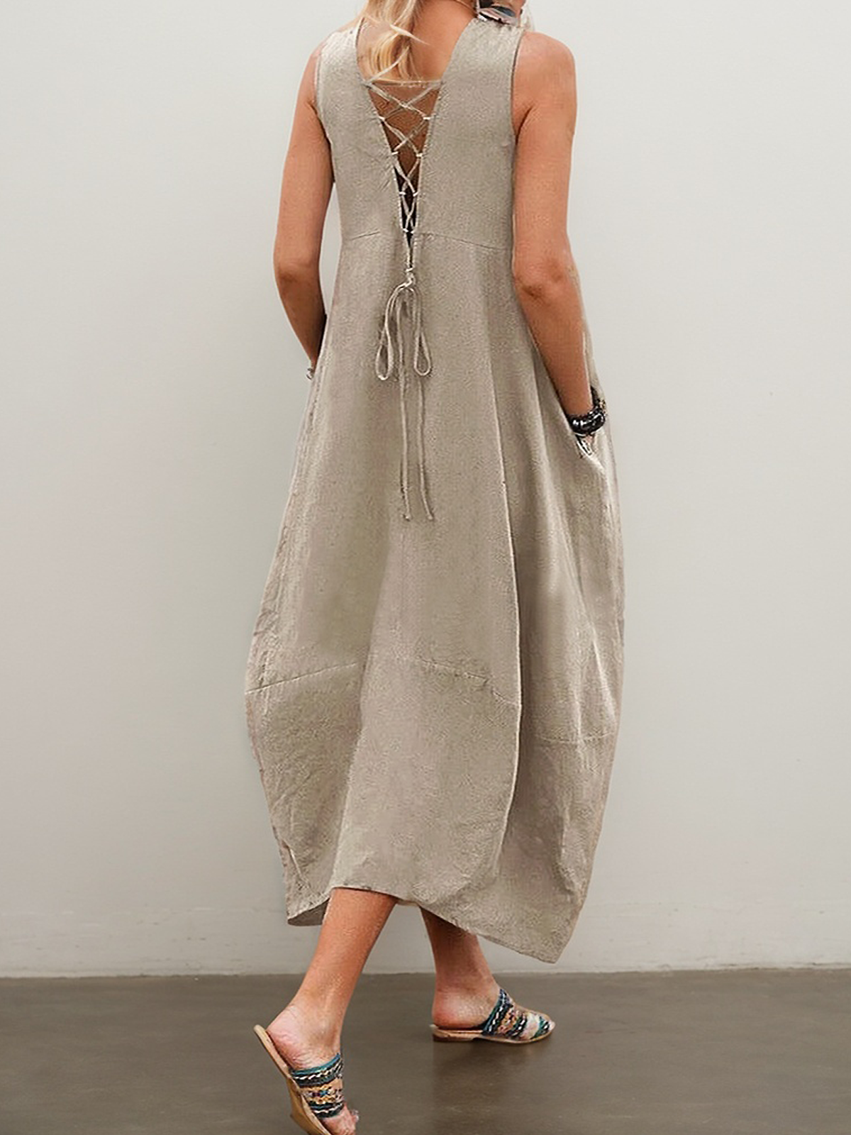 Linen V Neck Plain Sleeveless Maxi Dress