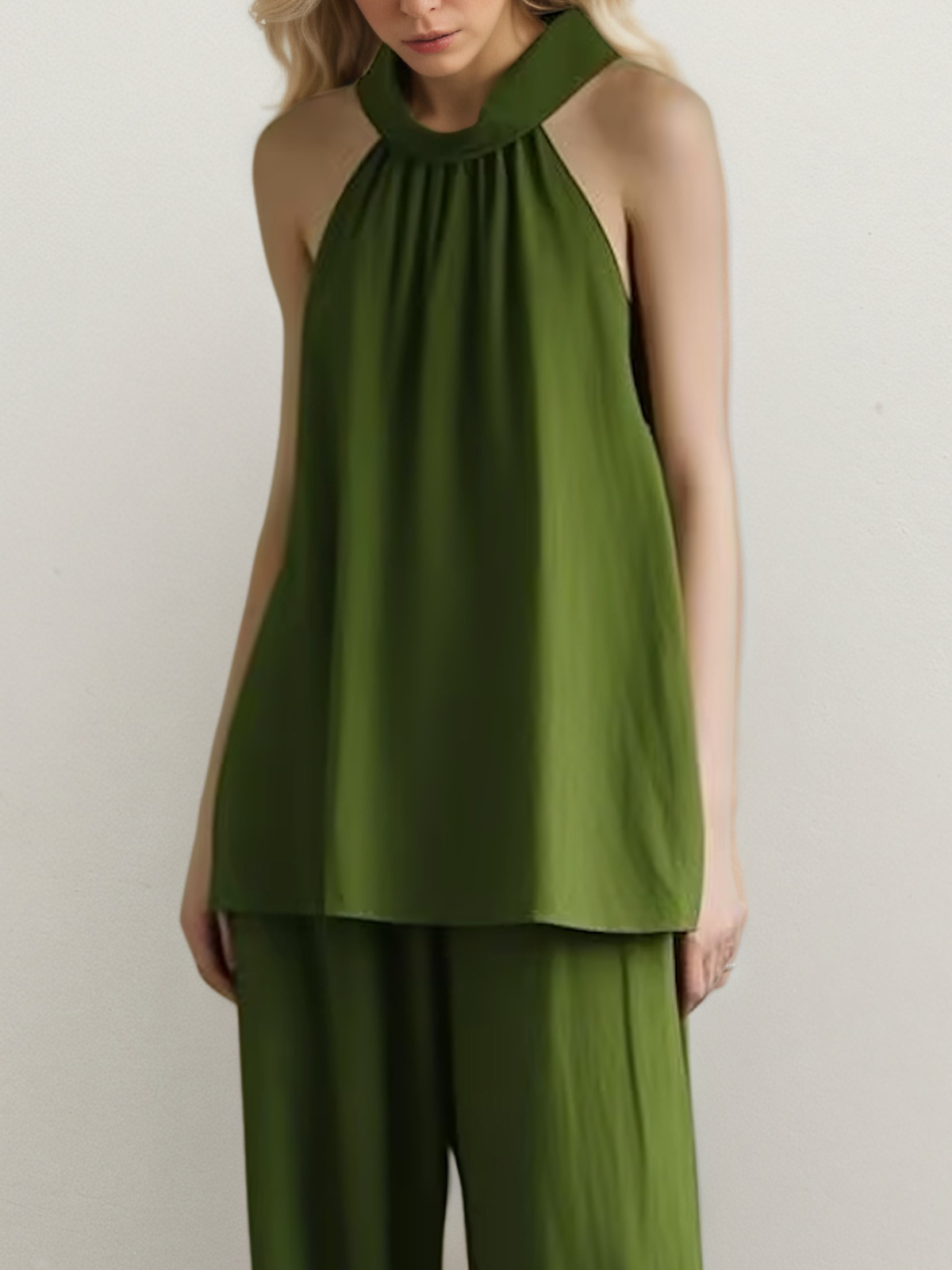 Linen Halter Plain Sleeveless Top With Pants Two-piece Set Linen Halter Plain Sleeveless Top With Pants Two-piece Set