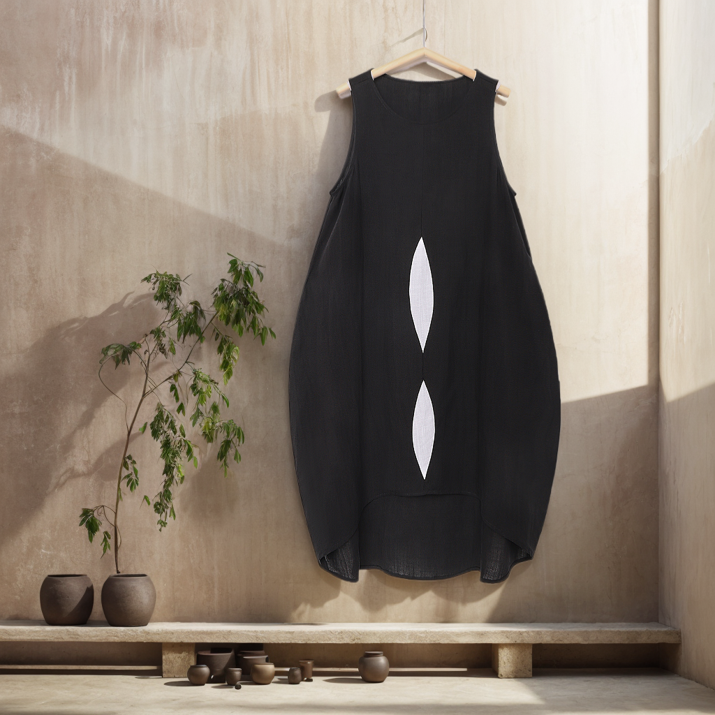 Cotton And Linen Crew Neck Plain Sleeveless Mini Dress