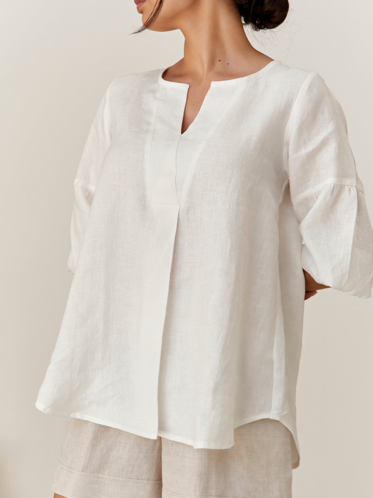 Cotton And Linen Notched Plain Half Sleeve Blouse