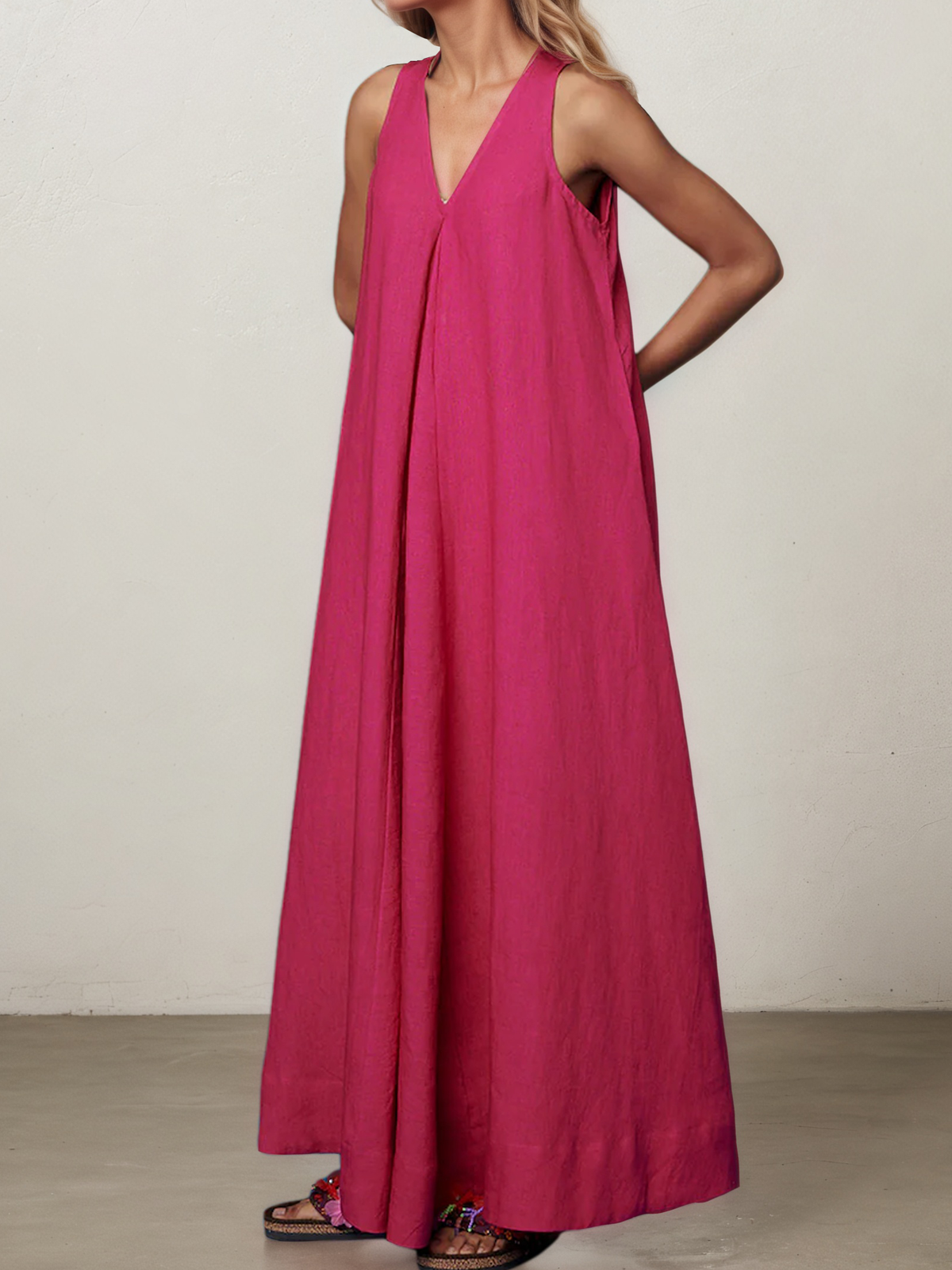 Linen V Neck Plain Sleeveless Maxi Dress