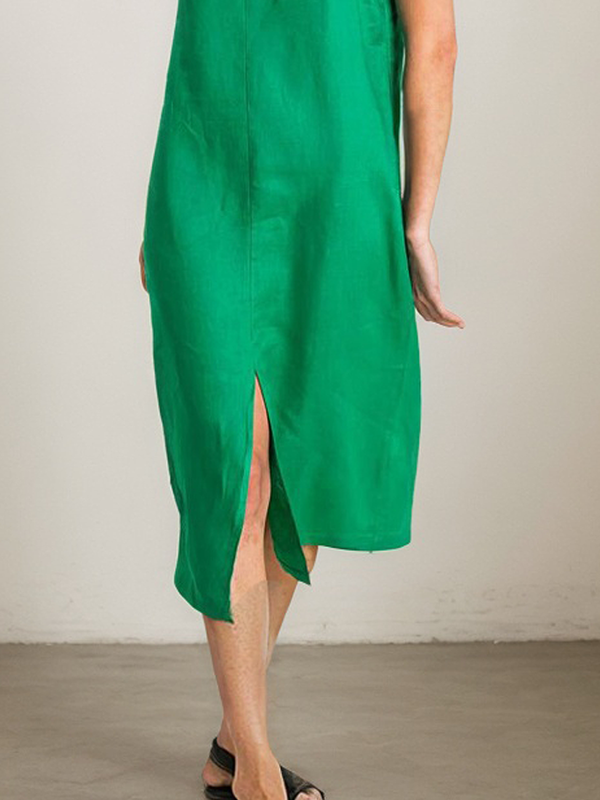 Linen V Neck Plain Sleeveless Midi Dress