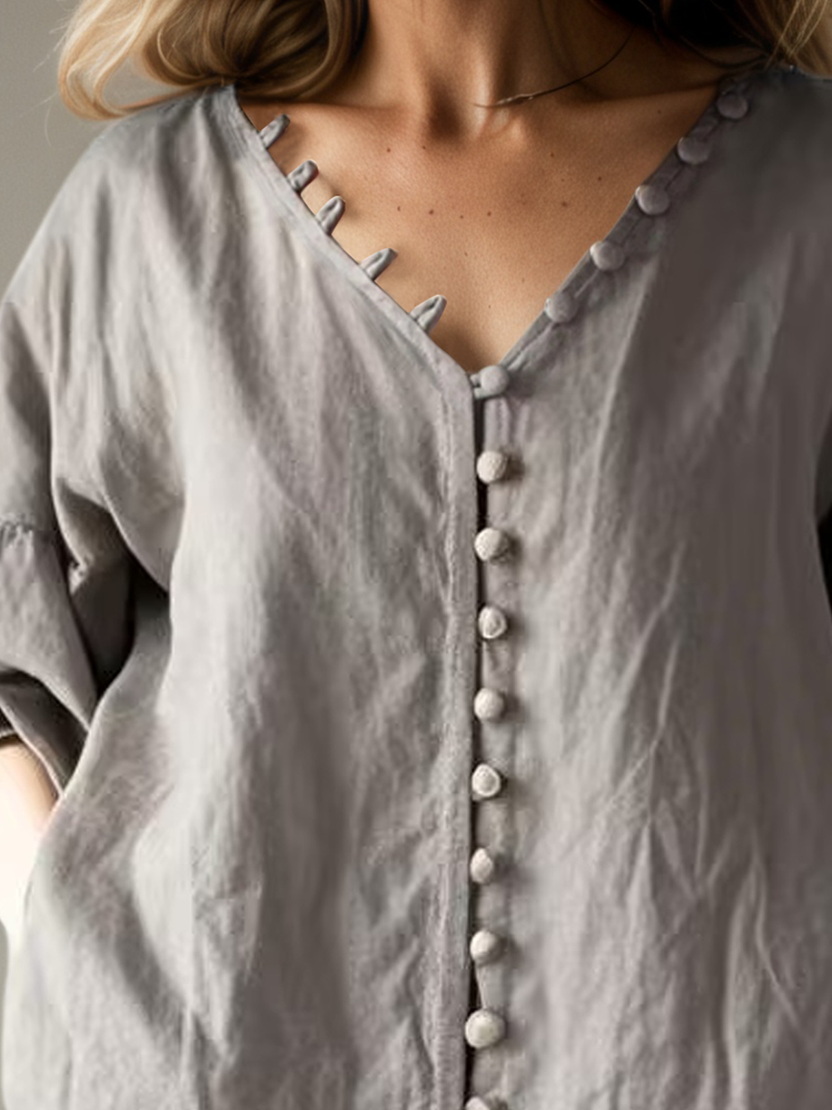 Linen V Neck Plain Half Sleeve Blouse
