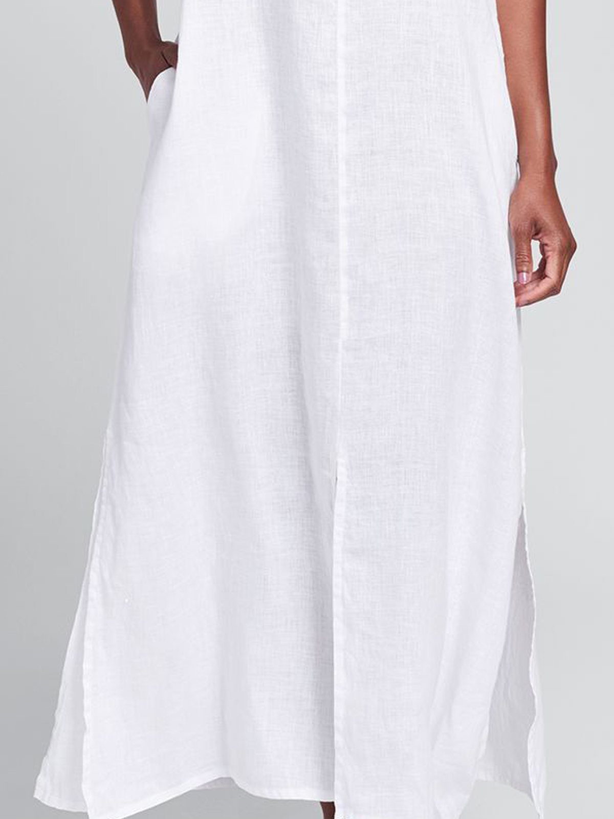 Cotton And Linen V Neck Plain Sleeveless Maxi Dress