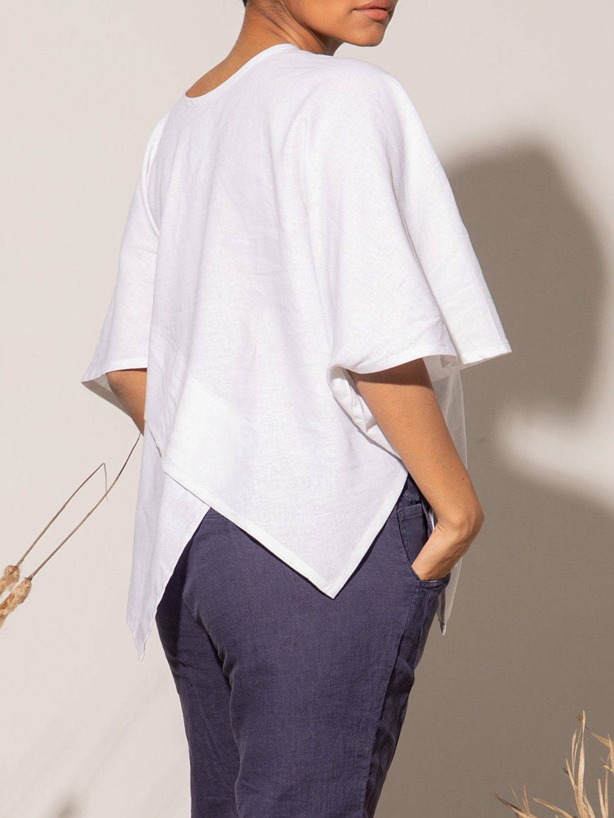 Cotton And Linen Crew Neck Irregular Hem Short Sleeve T-Shirt