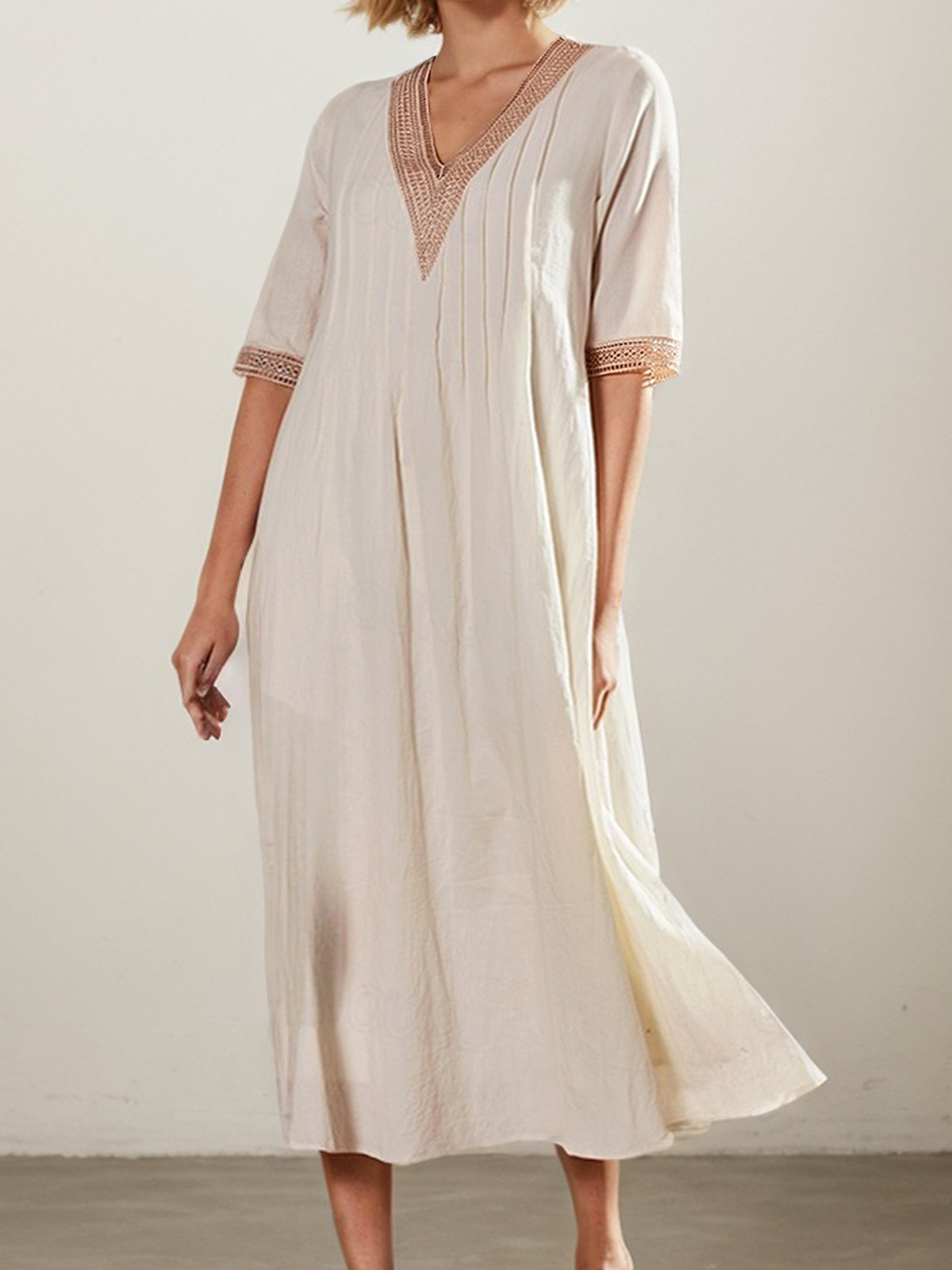 Linen V Neck Plain Short Sleeve Midi Dress