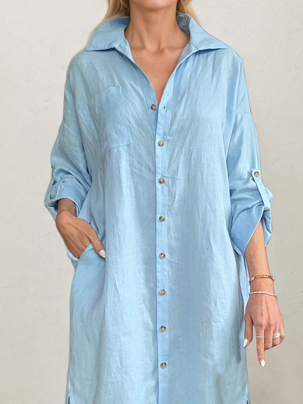 Linen Shirt Collar Plain Long Sleeve Midi Dress