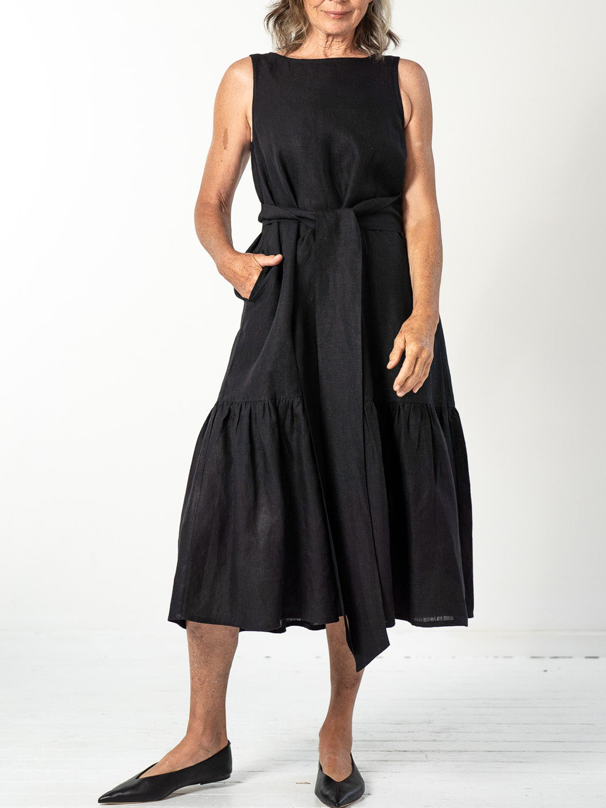 Cotton And Linen Crew Neck Plain Sleeveless Midi Dress