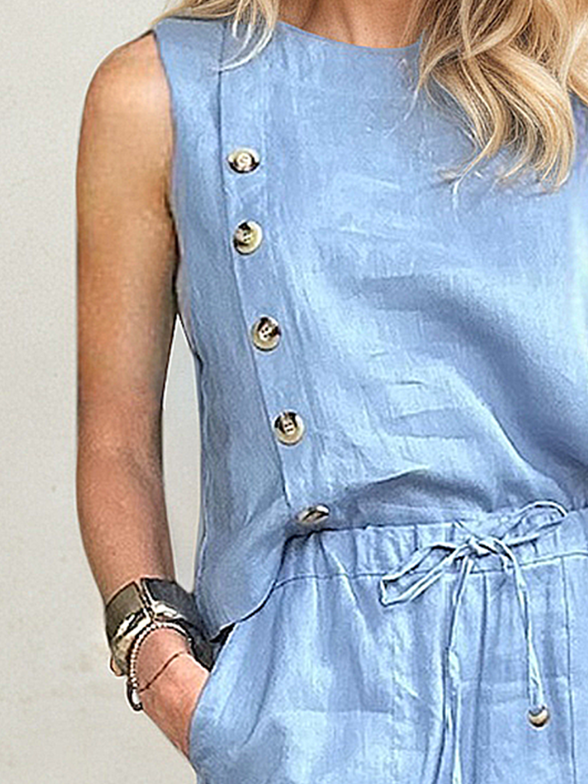 Linen Crew Neck Plain Sleeveless Tank Top