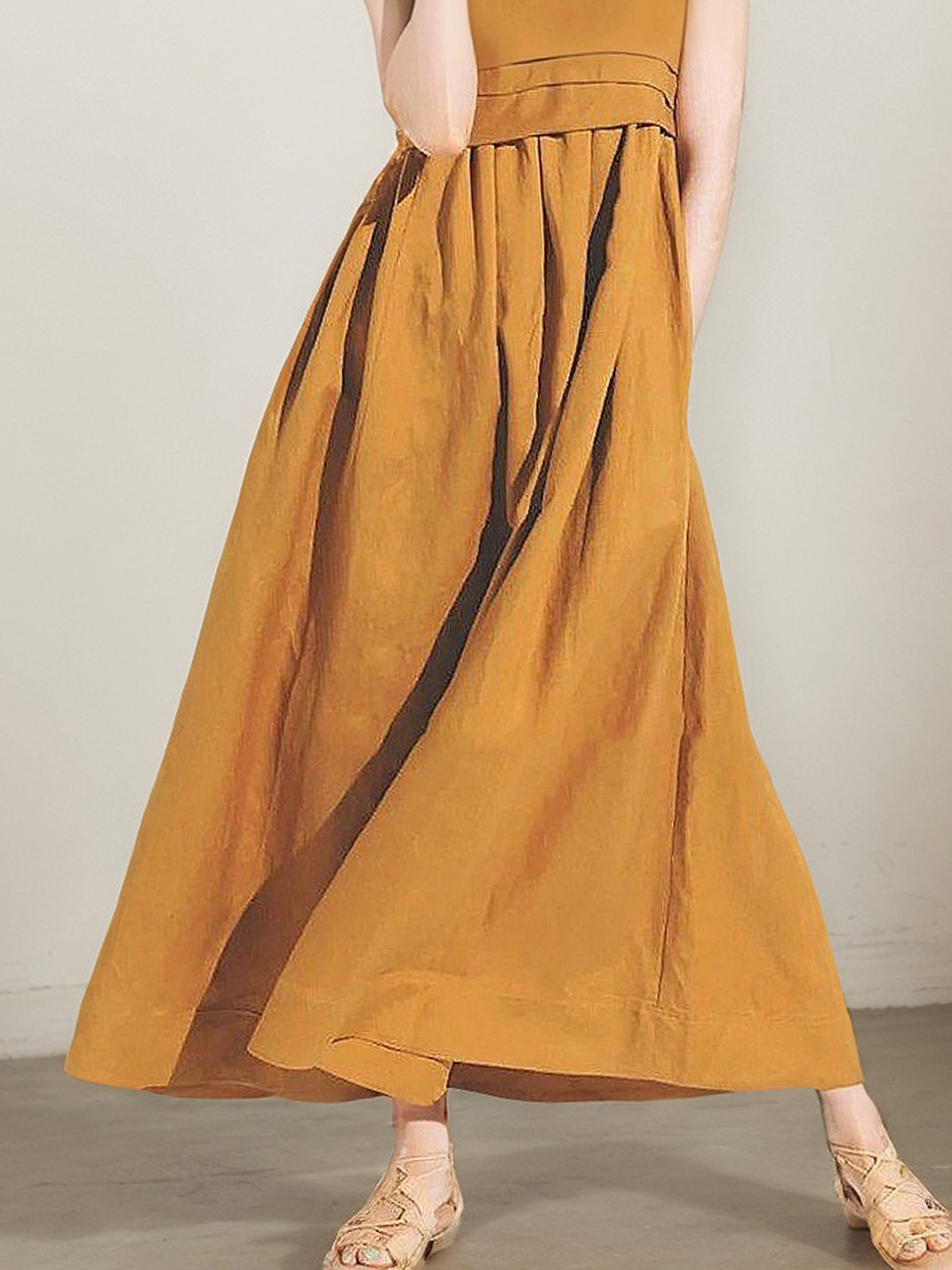 Linen Crew Neck Plain Sleeveless Maxi Dress