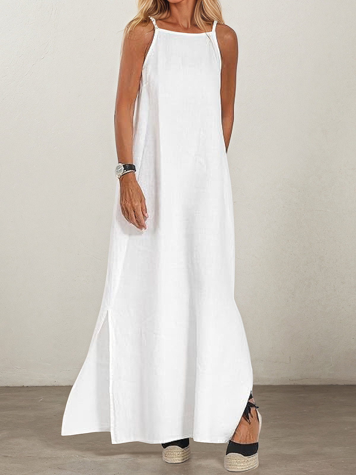 Linen Square Neck Plain Sleeveless Maxi Dress