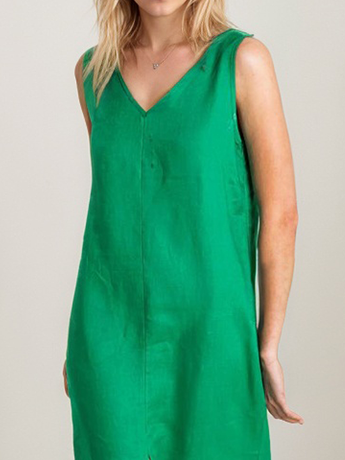 Linen V Neck Plain Sleeveless Midi Dress