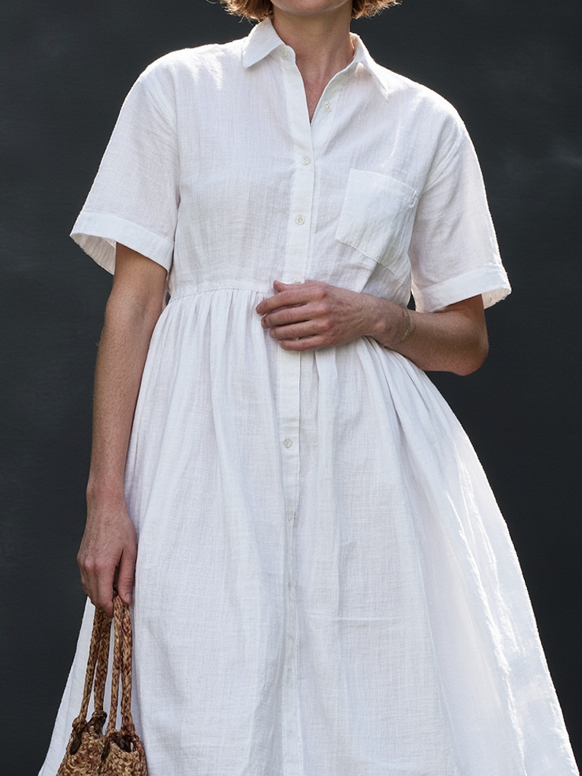 Linen Shirt Collar Plain Short Sleeve Midi Dress