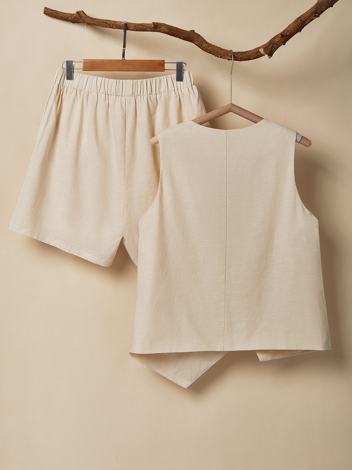 Cotton And Linen V Neck Plain Button Design Sleeveless Two-piece Set Cotton And Linen V Neck Plain Button Design Sleeveless Two-piece Set