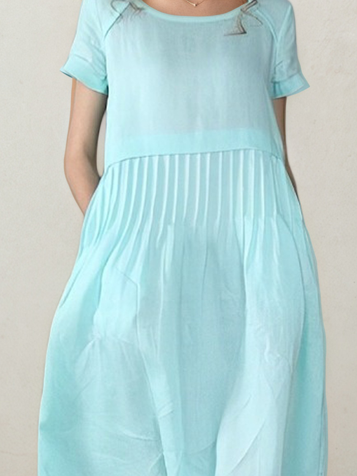 Linen Crew Neck Plain Short Sleeve Midi Dress