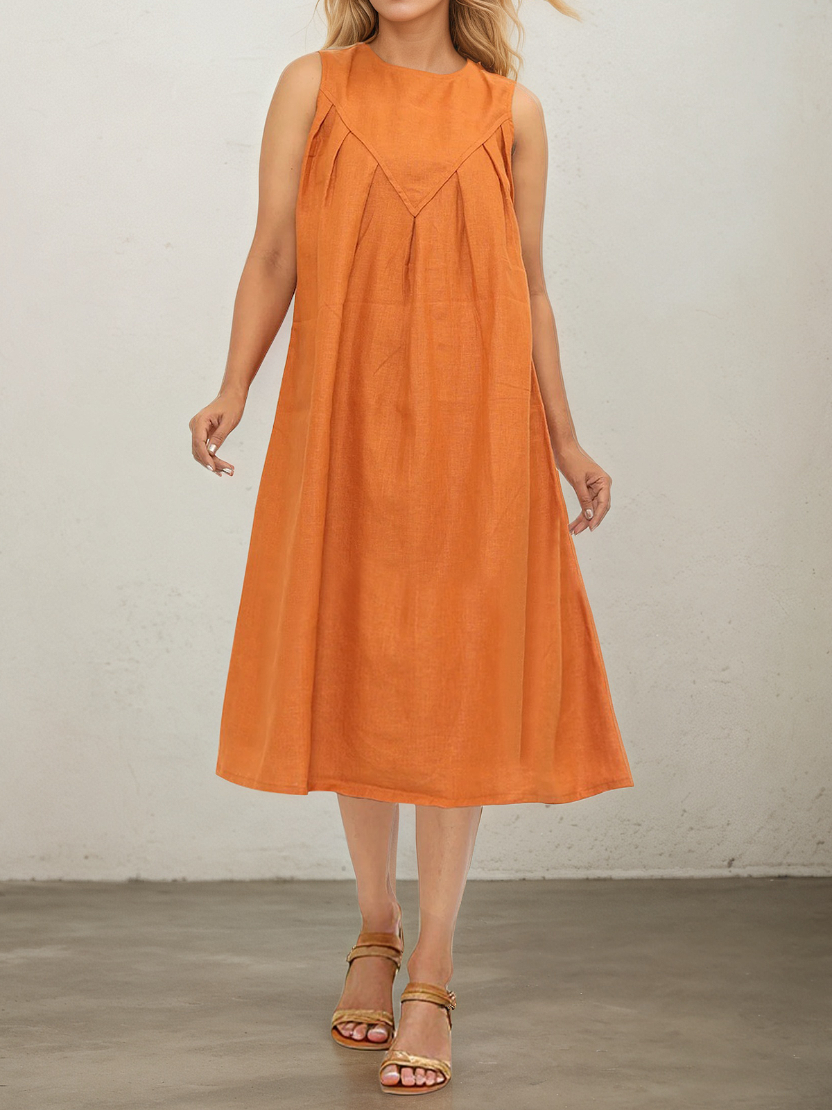 Linen Crew Neck Plain Sleeveless Midi Dress