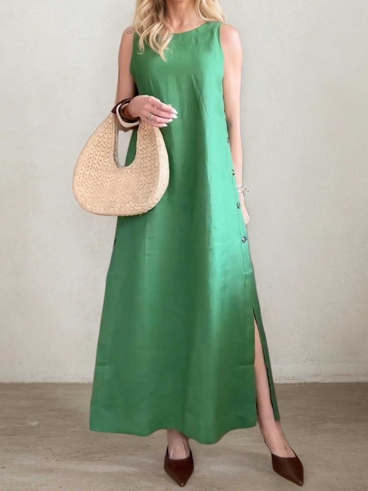 Linen Crew Neck Plain Sleeveless Maxi Dress