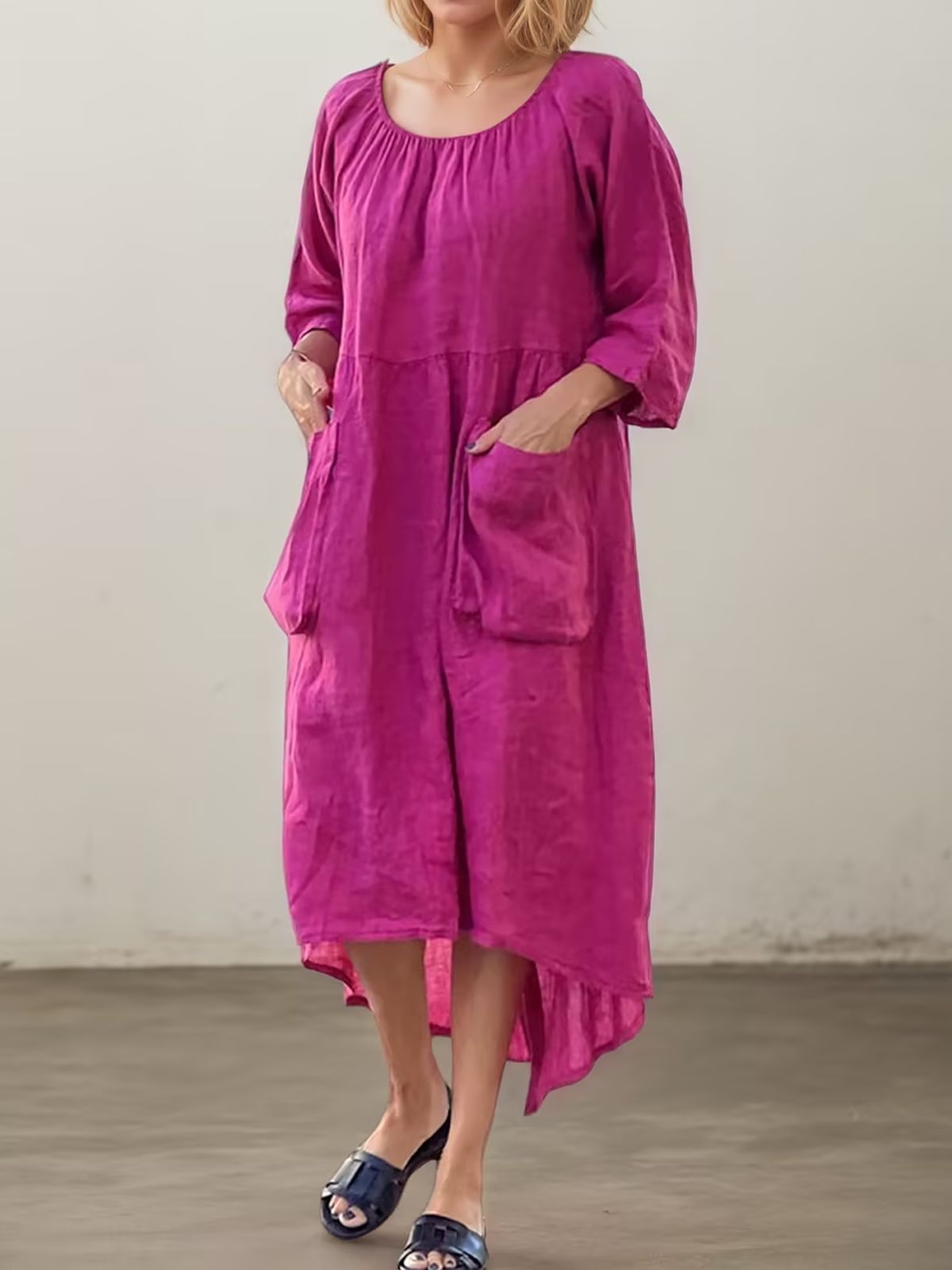 Linen Crew Neck Plain Three Quarter Sleeve Maxi Dress