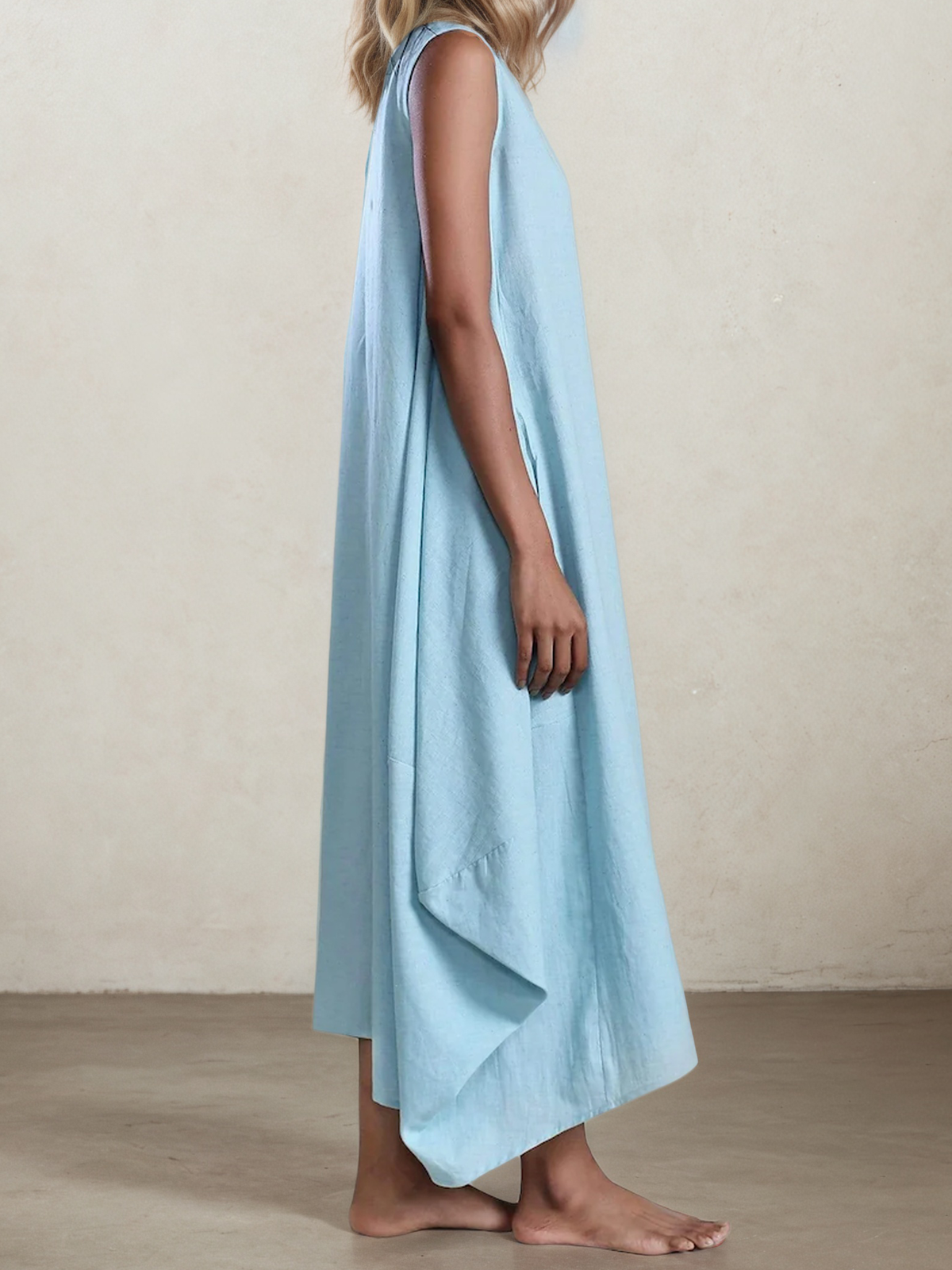 Linen Crew Neck Plain Sleeveless Maxi Dress