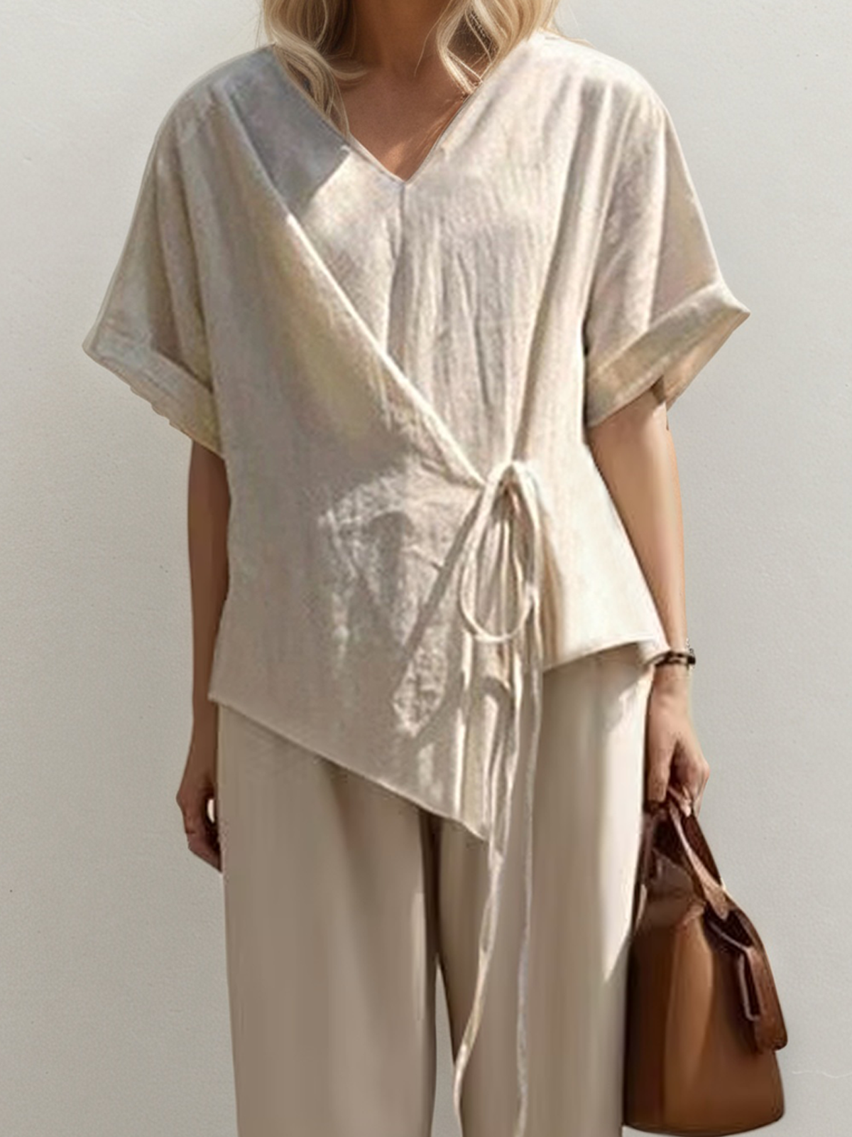 Linen V Neck Plain Short Sleeve Top With Pants Two-piece Set Linen V Neck Plain Short Sleeve Top With Pants Two-piece Set