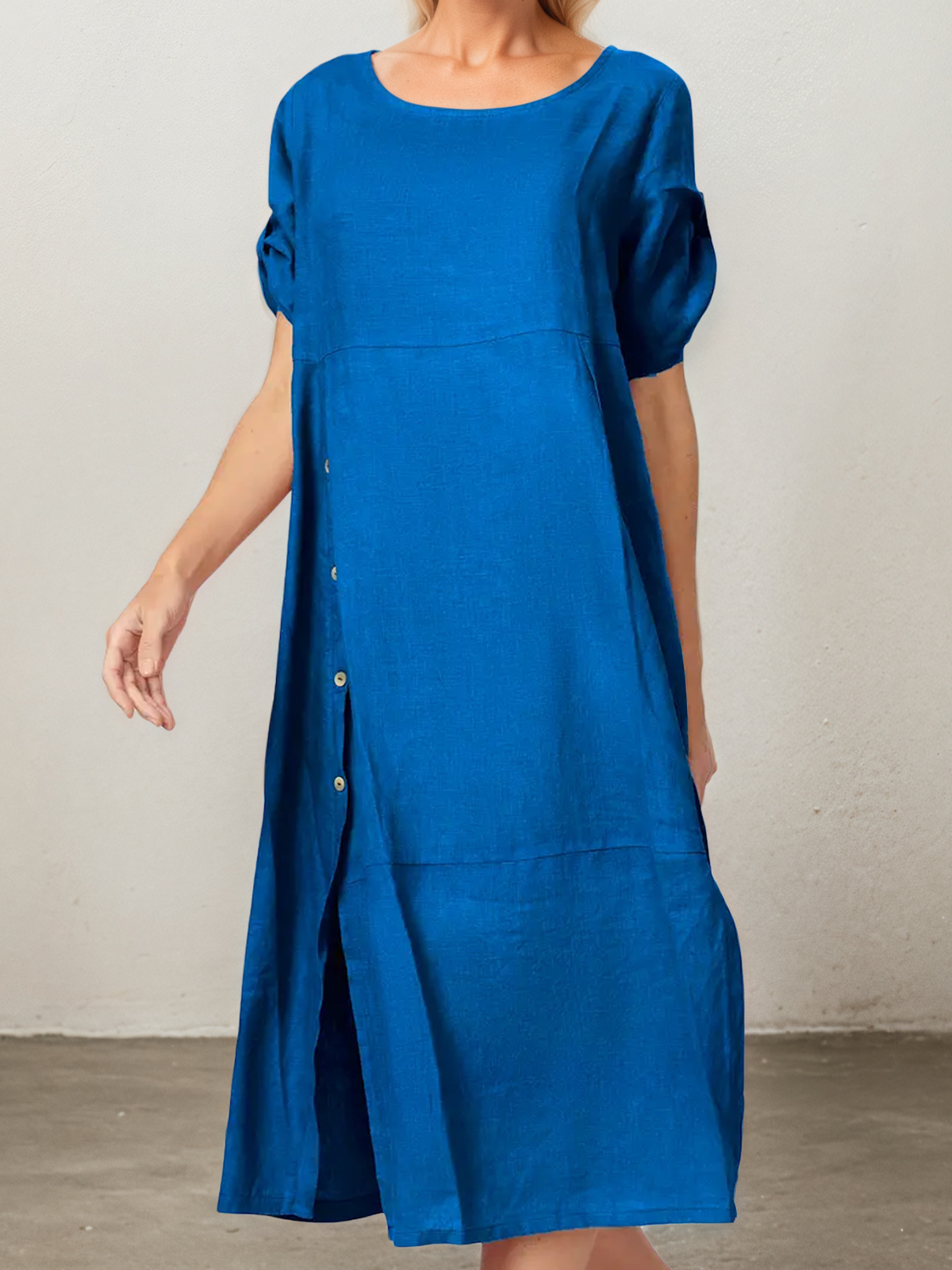 Linen Crew Neck Plain Half Sleeve Dress Mini