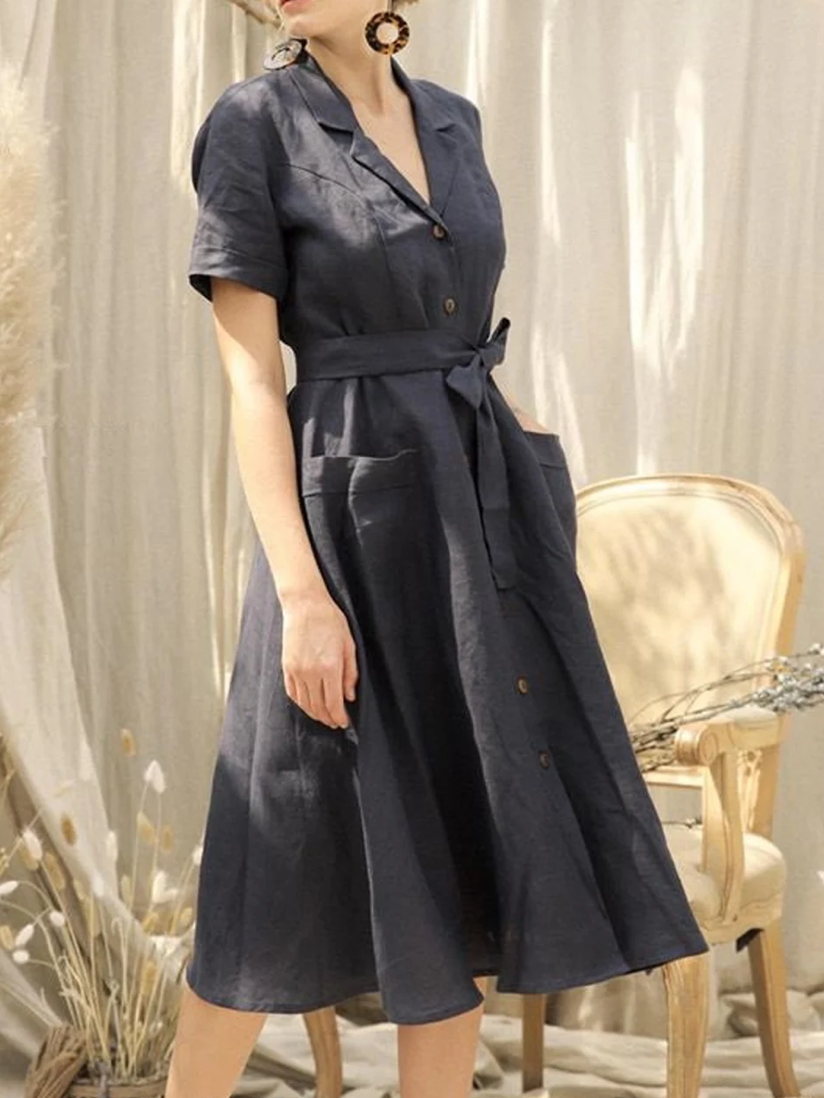 Cotton And Linen Camp Collar Plain Short Sleeve Maxi Dress Cotton And Linen Camp Collar Plain Short Sleeve Maxi Dress